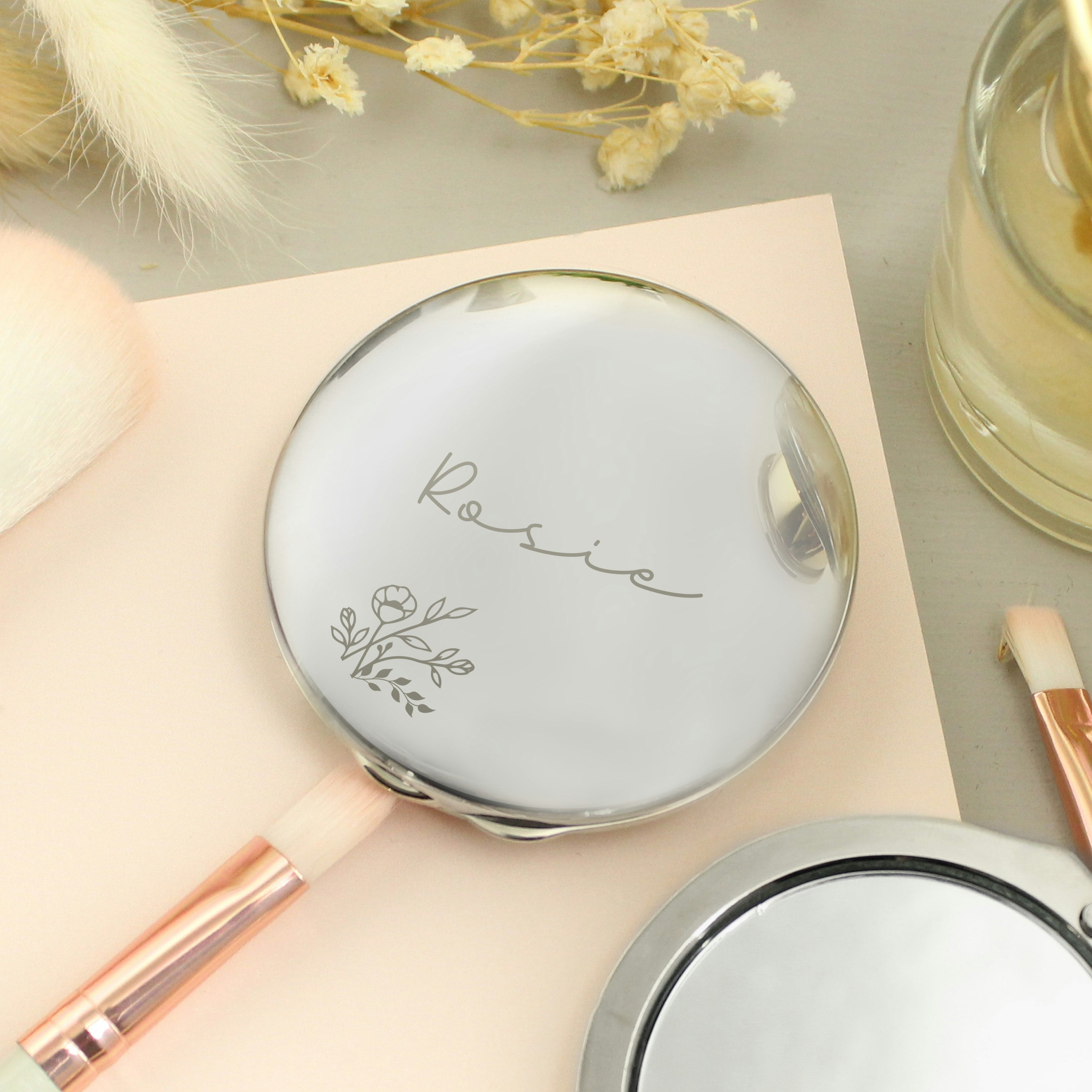 Personalised Memento Company Silver Personalised Floral Round Compact Mirror
