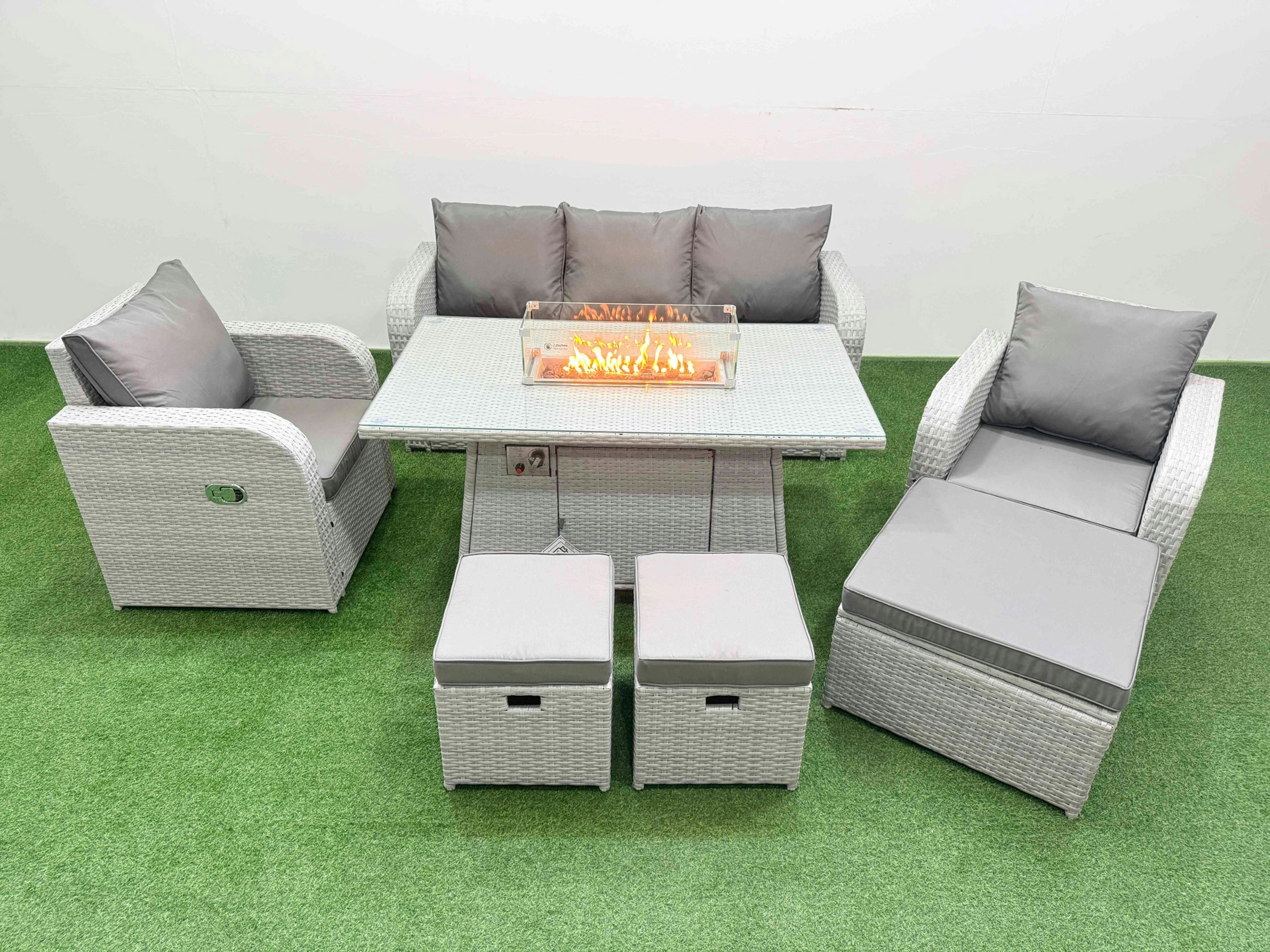 Fimous Light/Grey Pe Rattan Garden Furniture Set Reclining Chair Sofa Lounge Sofa Set Fire Pit Dining Table 3 Stools
