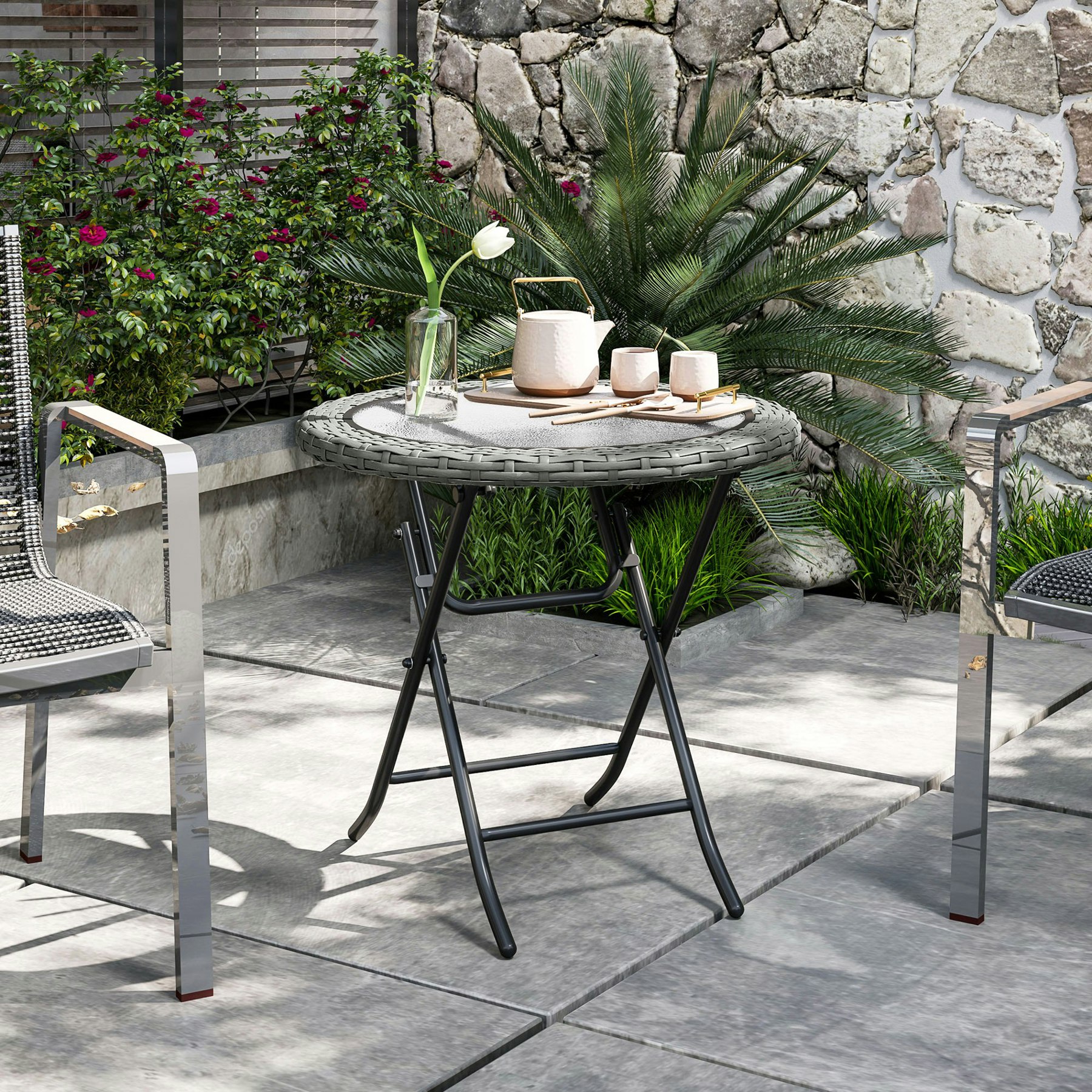 Rackhams Brown/Grey Folding Round Tempered Glass Metal Table With Rattan Edging - Steel, Pe Rattan - 68L X 68W X 73H Cm