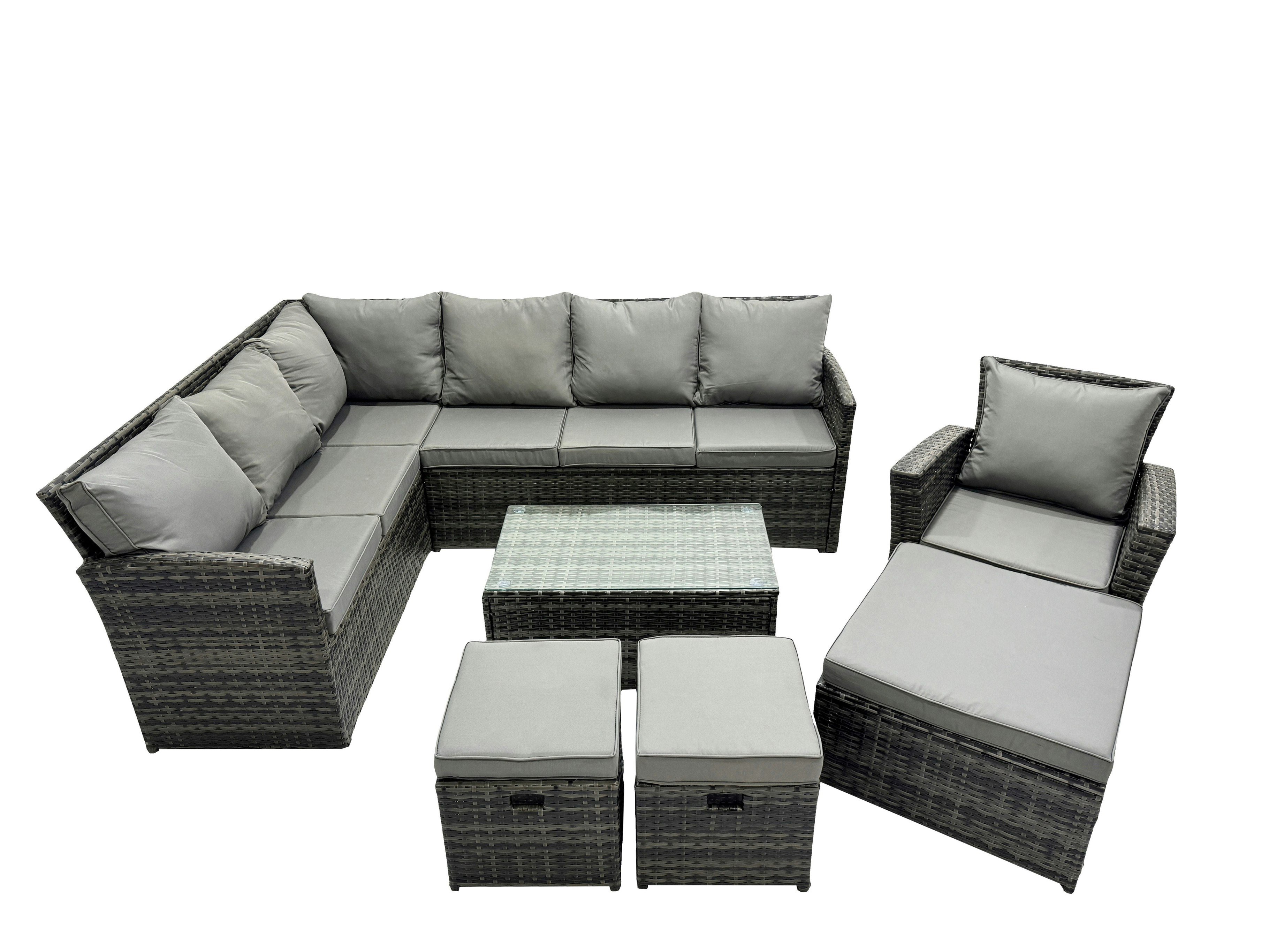 Rackhams Dark/Grey 10 Seat Poly Rattan Outdoor Patio Coffee Table Corner Sofa Set With 3 Stools Chair For Garden Backyard Mixed