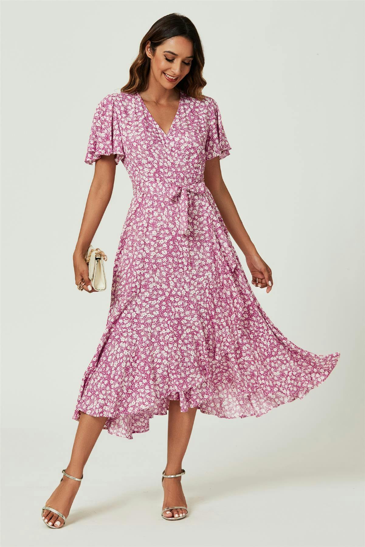 Fs Collection Pink Floral Print Midi Wrap Dress In - Xs