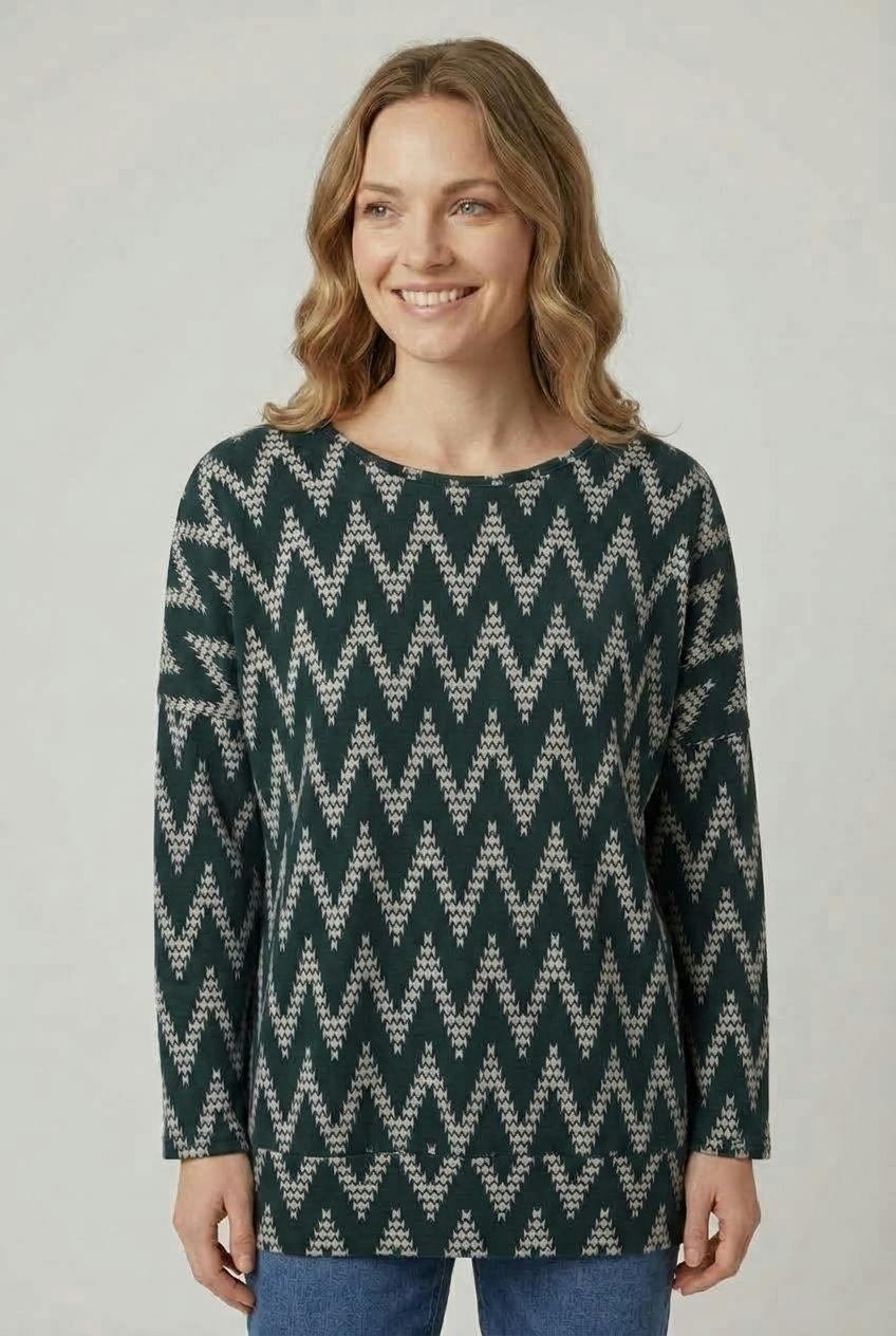 Izabel London Green Chevron Print Long Sleeve Tunic Top - 10
