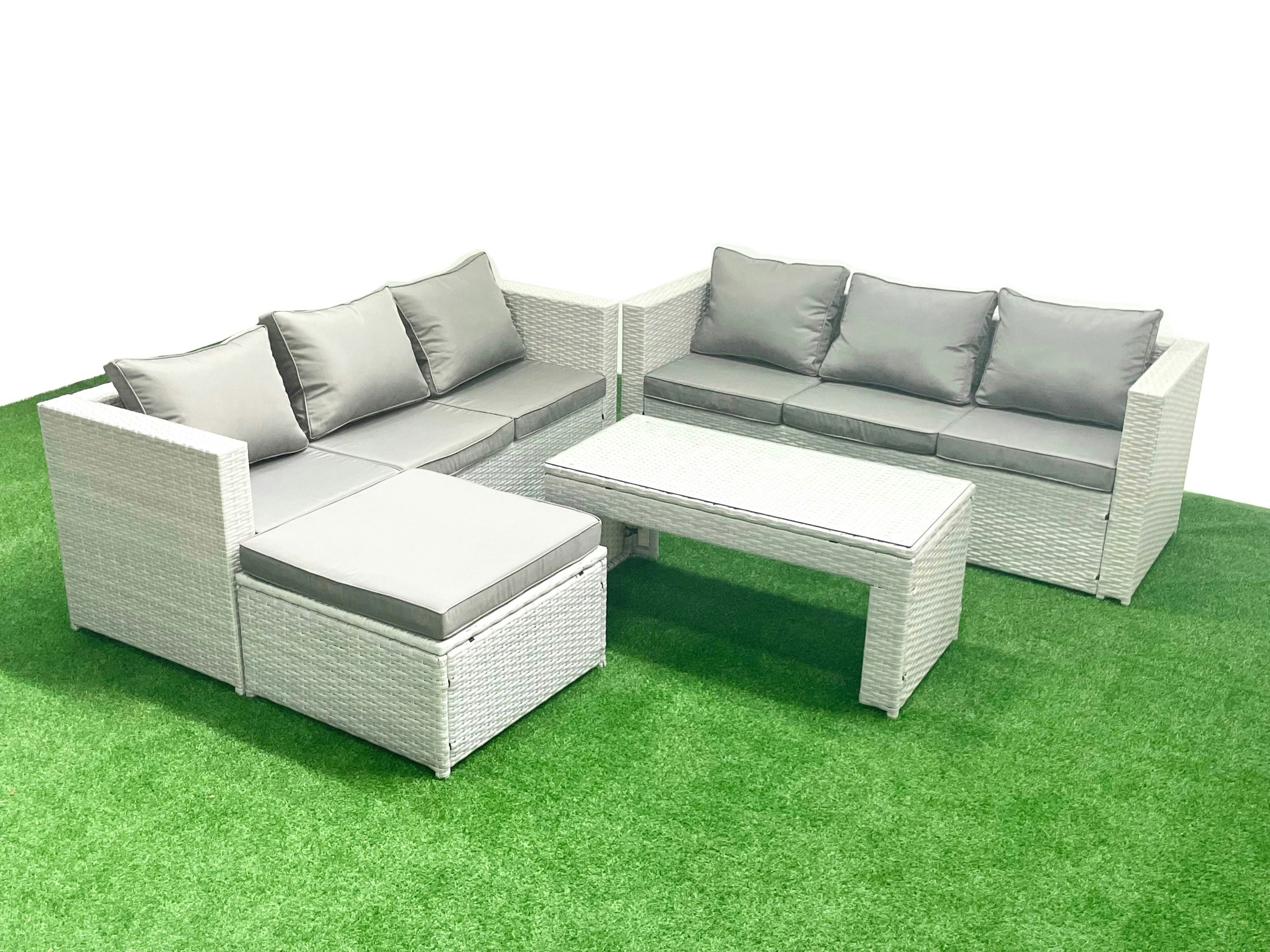 Fimous Light/Grey 7 Seater Garden Outdoor Rattan Furniture Set Rattan Garden Sofa Oblong Coffee Table With Big Footstool Mixed