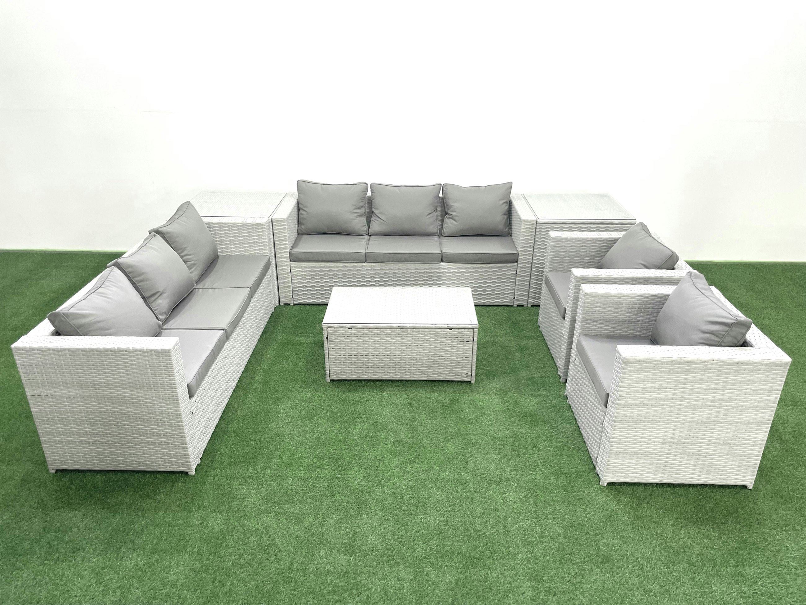 Fimous Light/Grey Outdoor Rattan Sofa Garden Furniture Set With 2 Armchairs Oblong Coffee Table 2 Side Tables Mixed