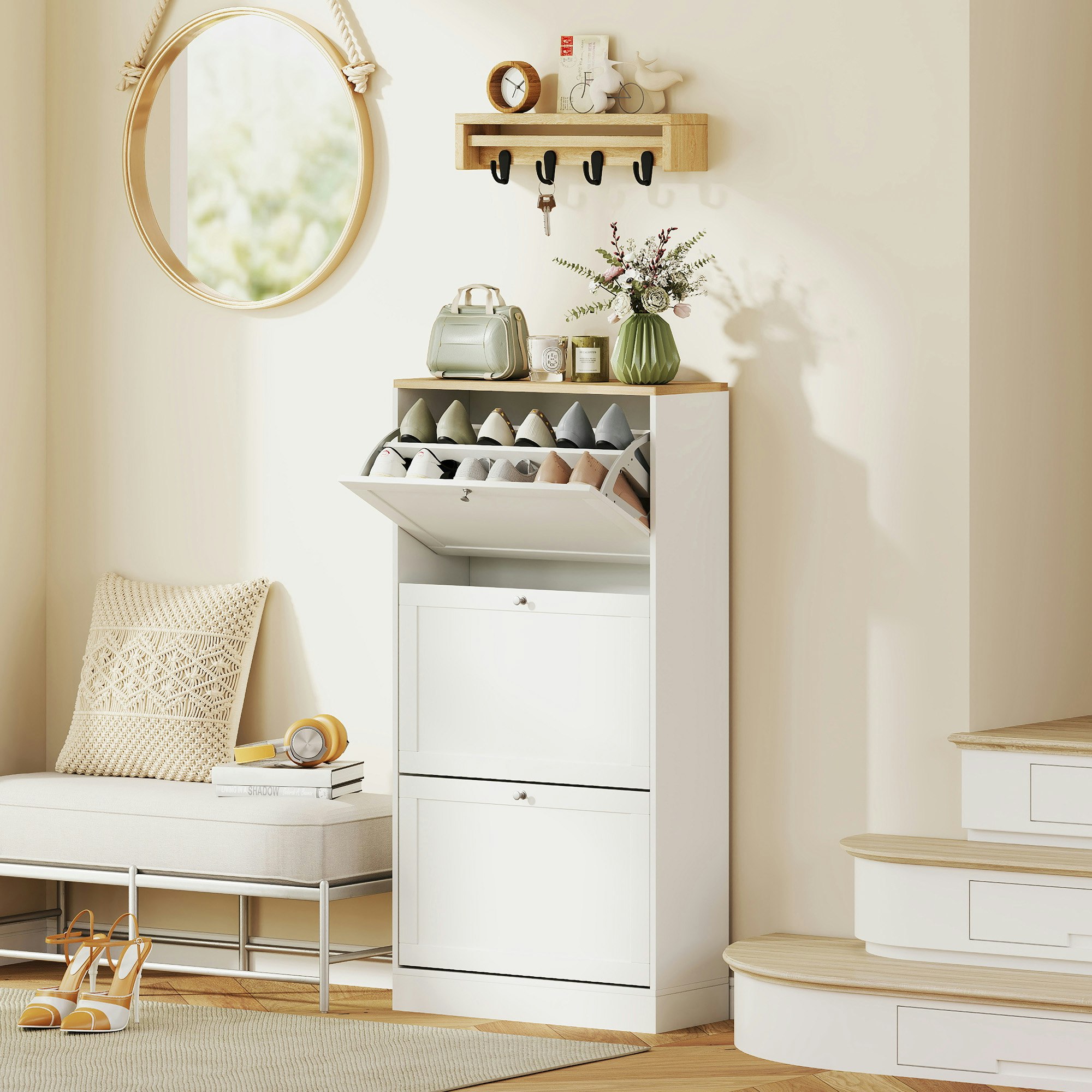 Rackhams White Narrow Shoe Cabinet With 3 Flip Drawers For 18 Pairs Of Shoes
