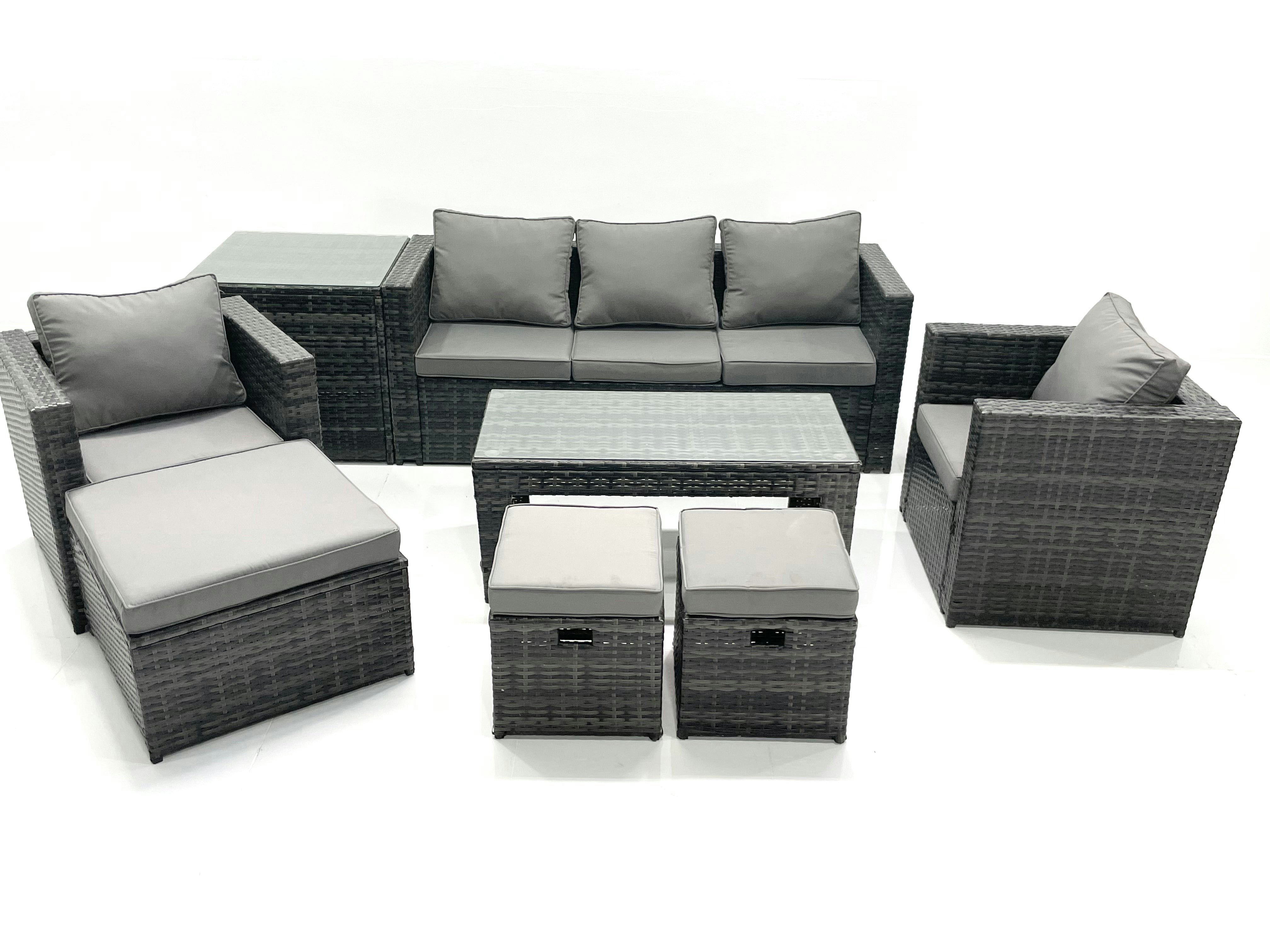 Rackhams Dark/Grey 8 Seater Rattan Garden Furniture Set Outdoor Lounger Sofa With Coffee Table 2 Armchair 3 Footstools Side Table Mixed