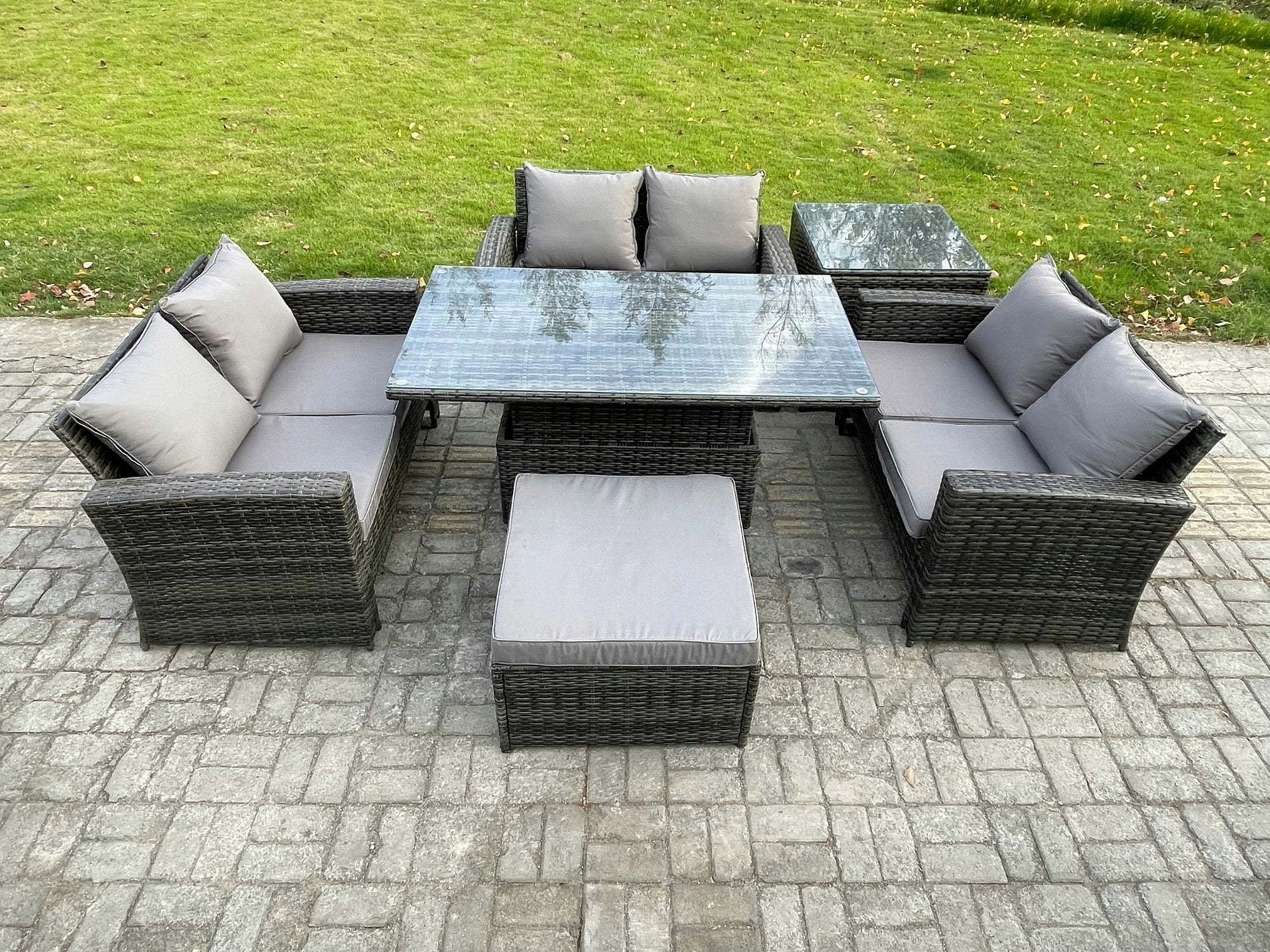 Rackhams Dark/Grey 7-Seater Rattan Garden Furniture Set - Patio Rising Lifting Table Sofa Set With Double Seat Sofa & Footstool