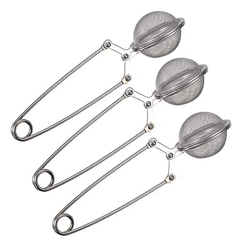 Rackhams Silver 3 Pack Stainless Steel Tea Strainer 2X Mesh Snap Ball Shaped Infuser Squeezer With Handle For Loose Leaf Tea Coffee, Beans & Mulling Spices,