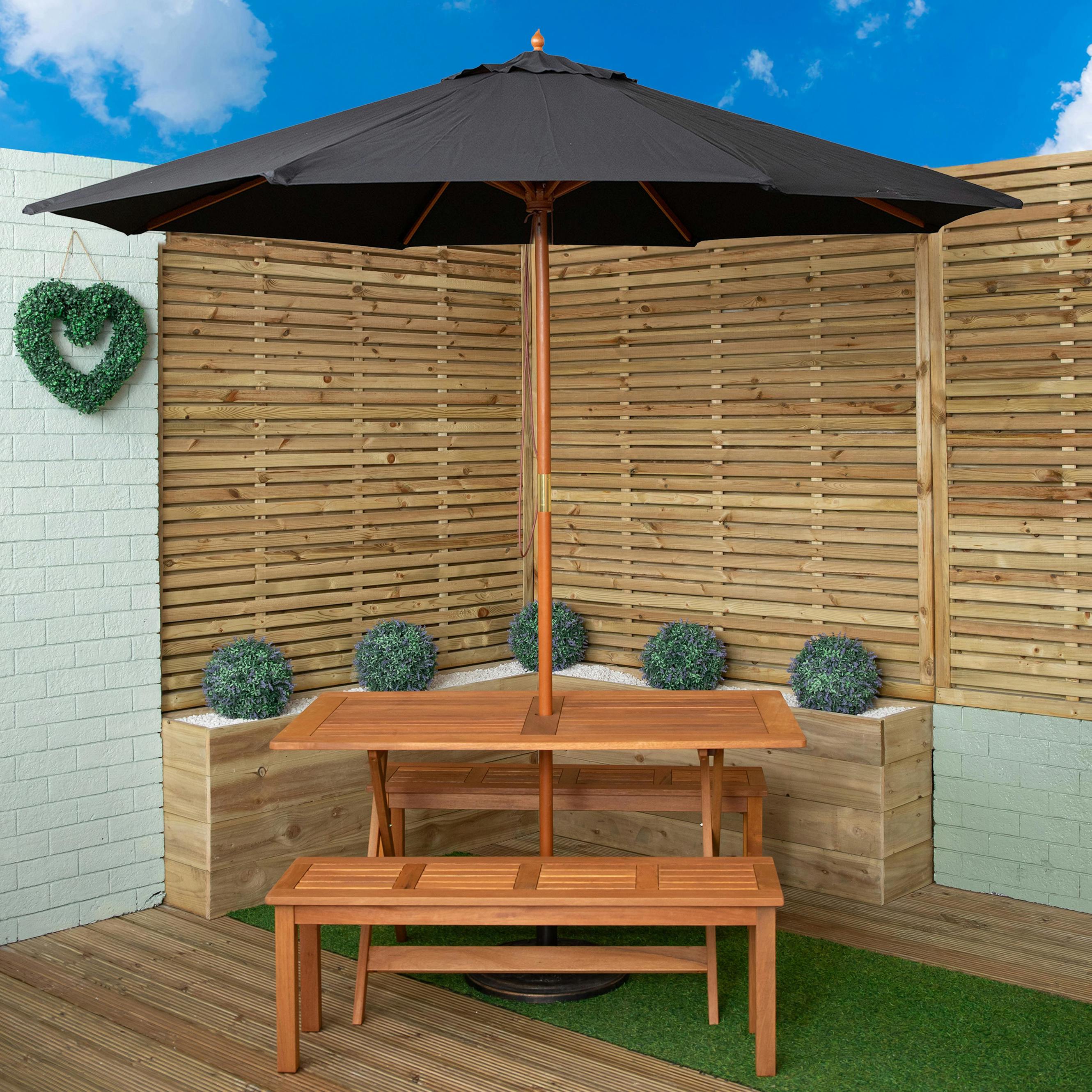 Rackhams Black Outdoor 4 Person Rectangular Wooden Garden Dining Table, 2 Benches With Parasol And Base Set - Outdoor Furniture Sets
