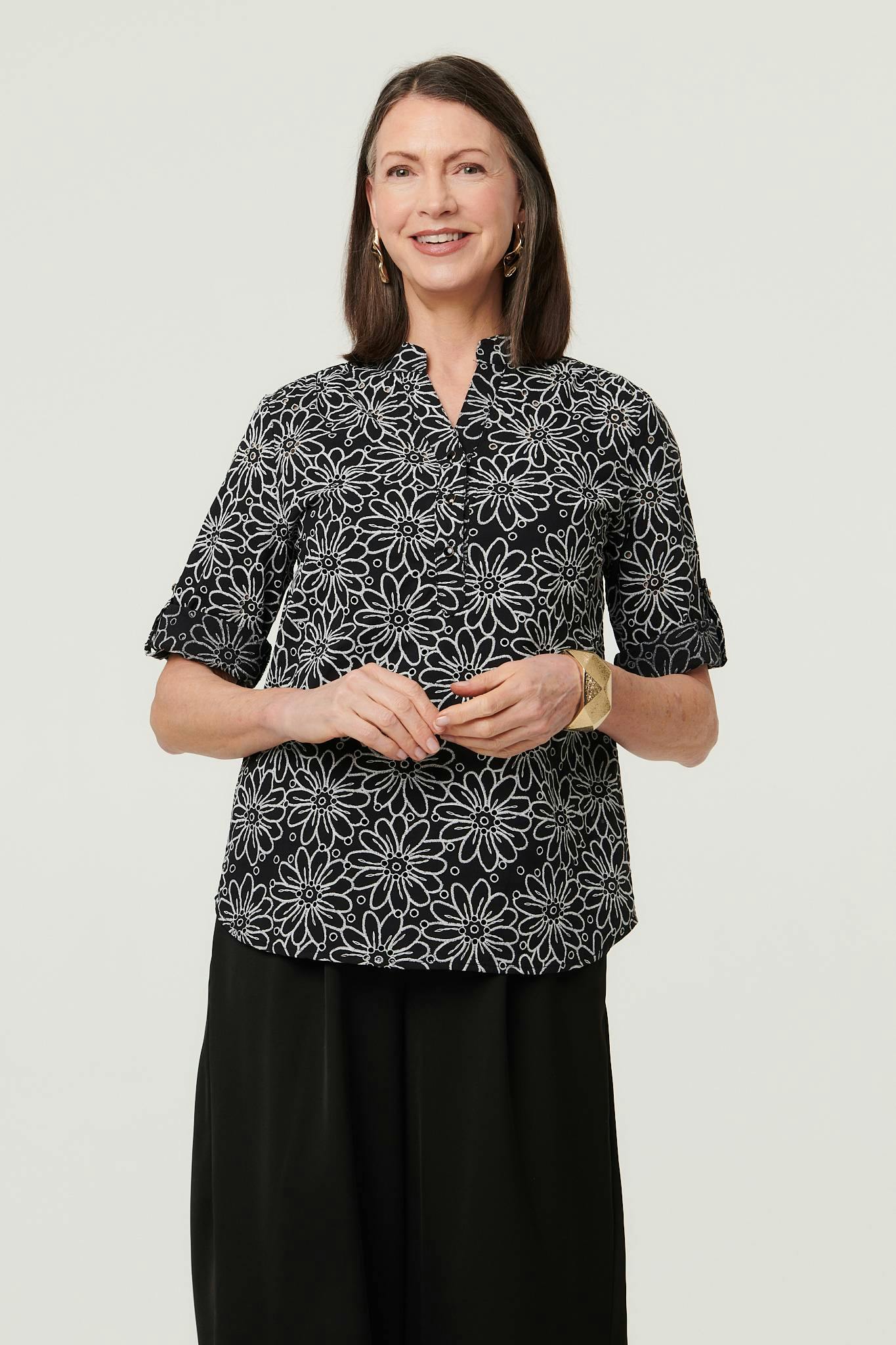 Izabel London Black Floral Embroidered Texture 3/4 Blouse - 16