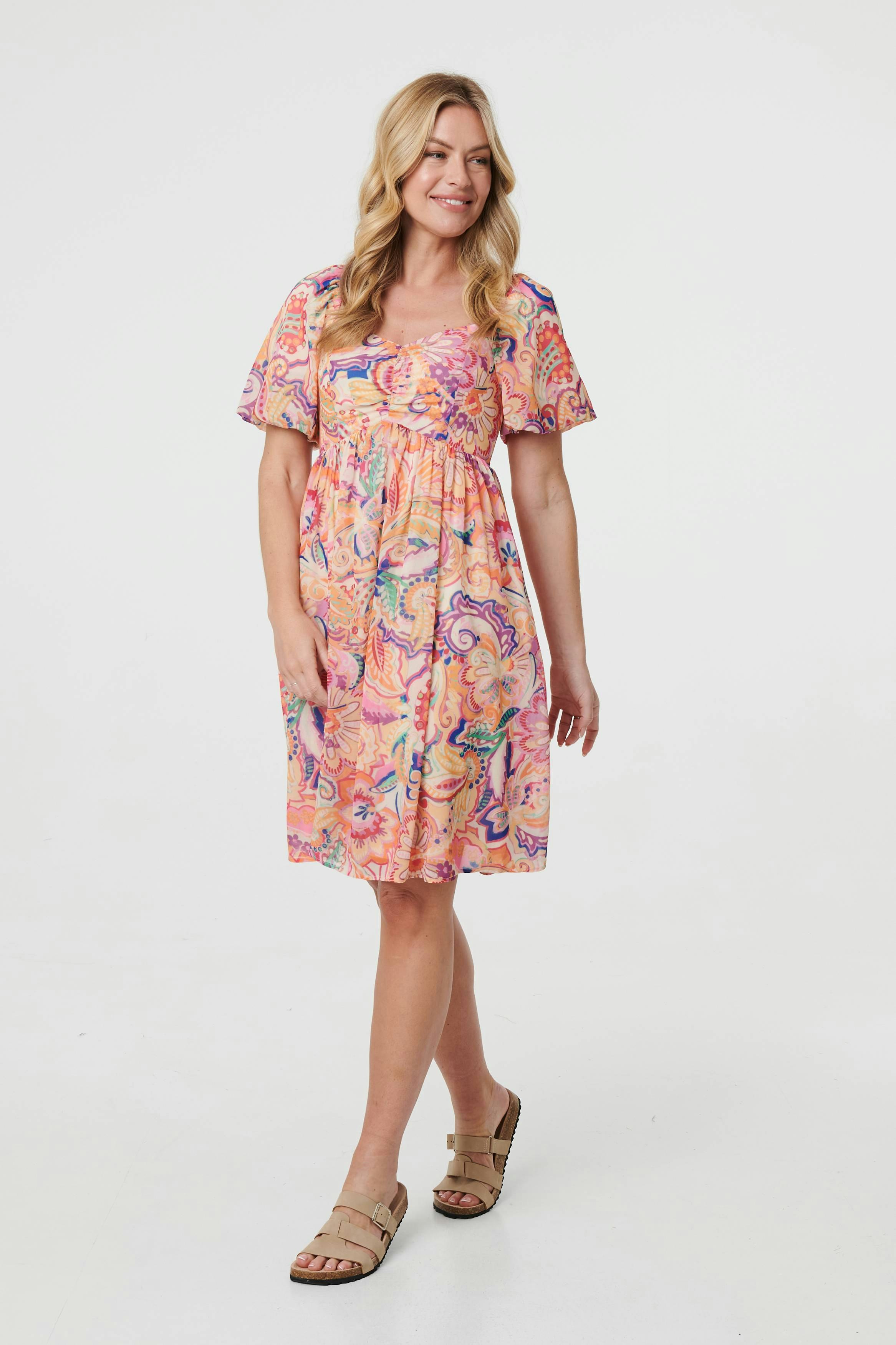 Izabel London Orange Abstract Ruched Empire Knee Length Dress - 12