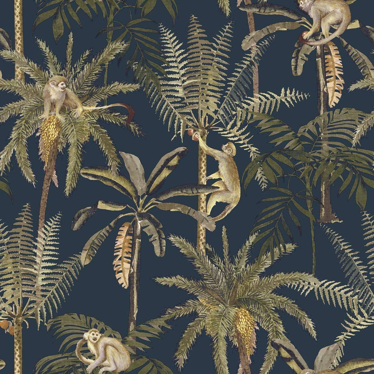 World Of Wallpaper Blue Amazonia Monkey Textured Wallpaper - Navy - Navy - 10M X 53Cm - 100% Mixed