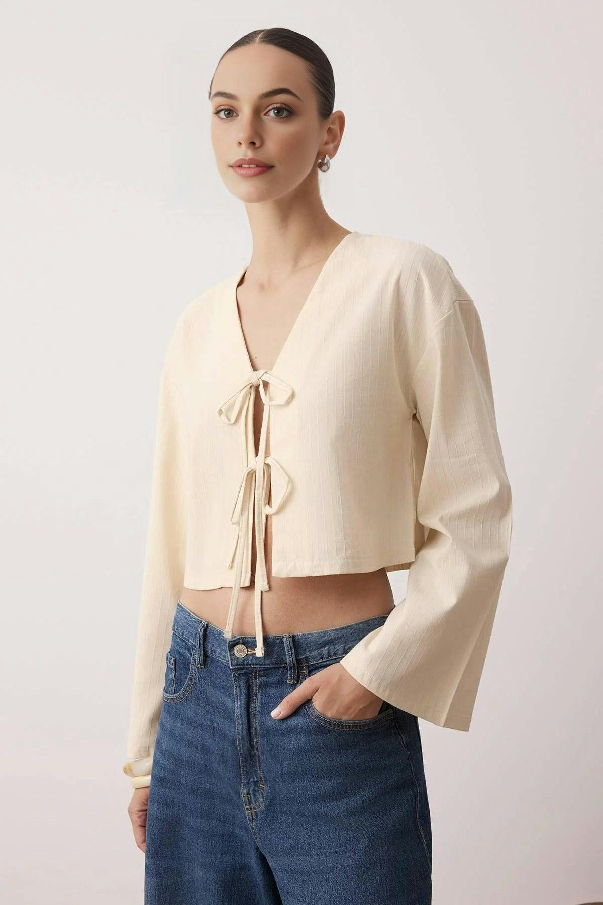 Wovcor Beige Striped Woven Shirt With Tie Detail - 12