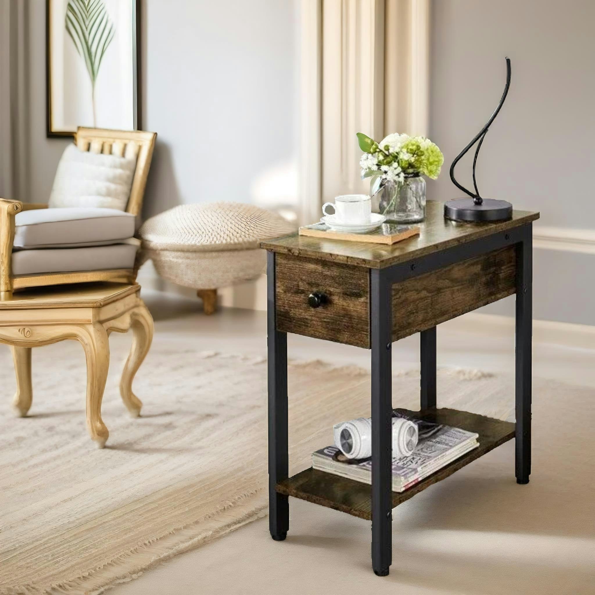 Rackhams Brown Bedside Table With Drawer & Shelf Rustic