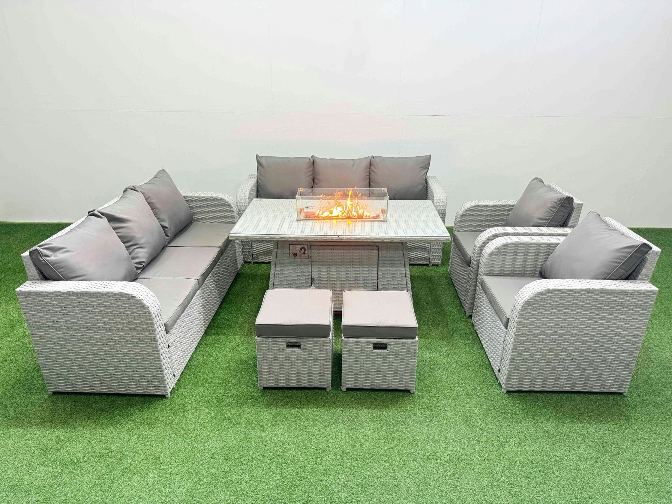 Rackhams Light/Grey Pe Rattan High Back Lounge Sofa Set Patio Fire Pit Dining Table & Chairs Set With 3 Seater Sofa Reclining Chair Stools