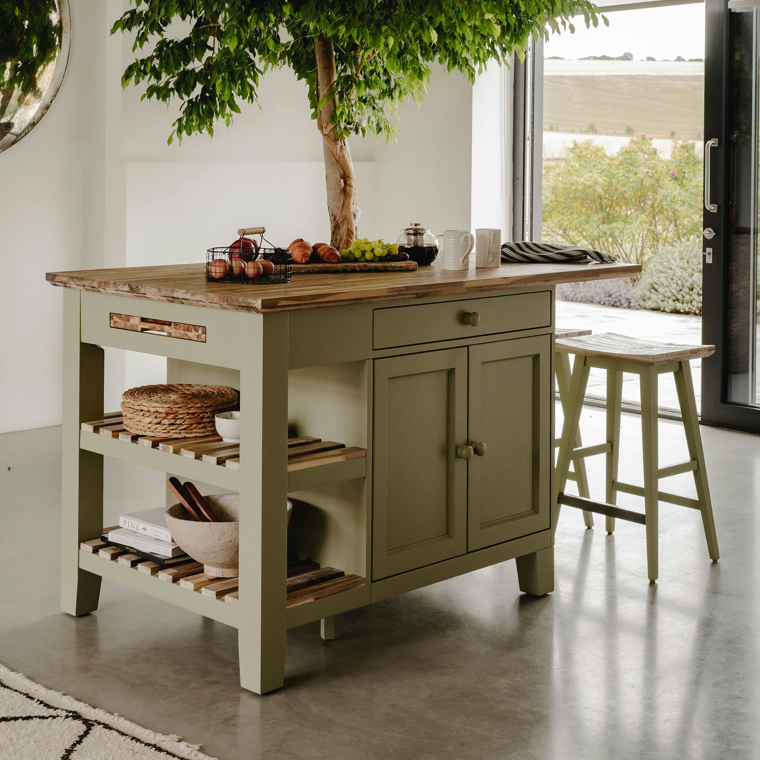 Rackhams Green Florence Kitchen Island With Cupboard And Shelves - Sage