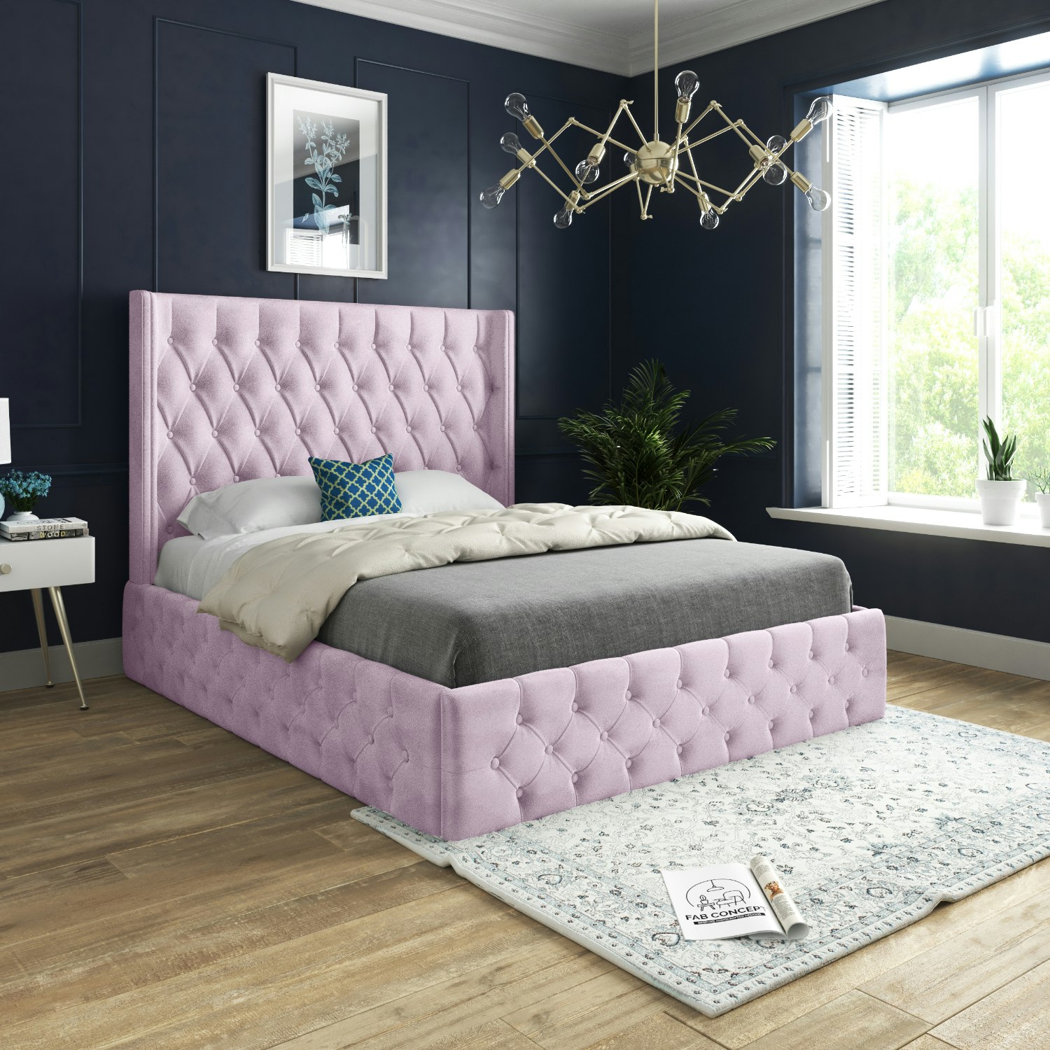 Casa Magna Black/Pink Volta Straight Winged Upholstered Soft Velvet Bed Frame - Single