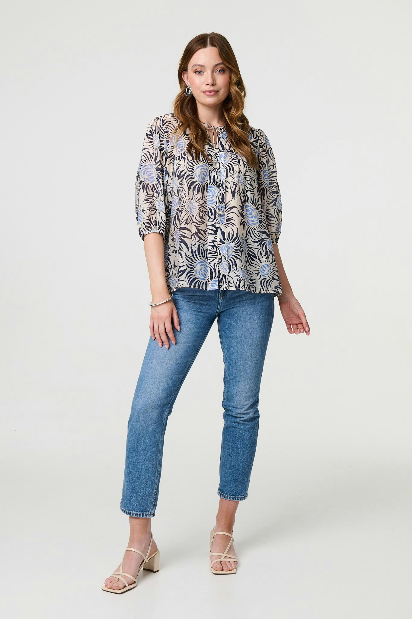 Izabel London Blue Floral 3/4 Puff Sleeve Relaxed Blouse - 12