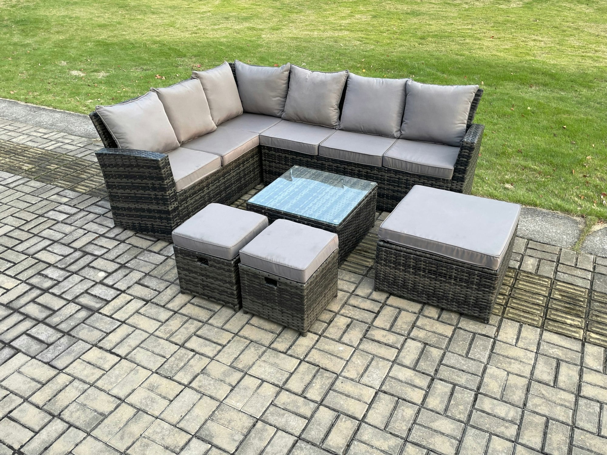 Rackhams Dark/Grey Rattan Garden Furniture Set Outdoor Lounge Corner Sofa Sets With Square Coffee Table 3 Footstools 9 Seater Mixed