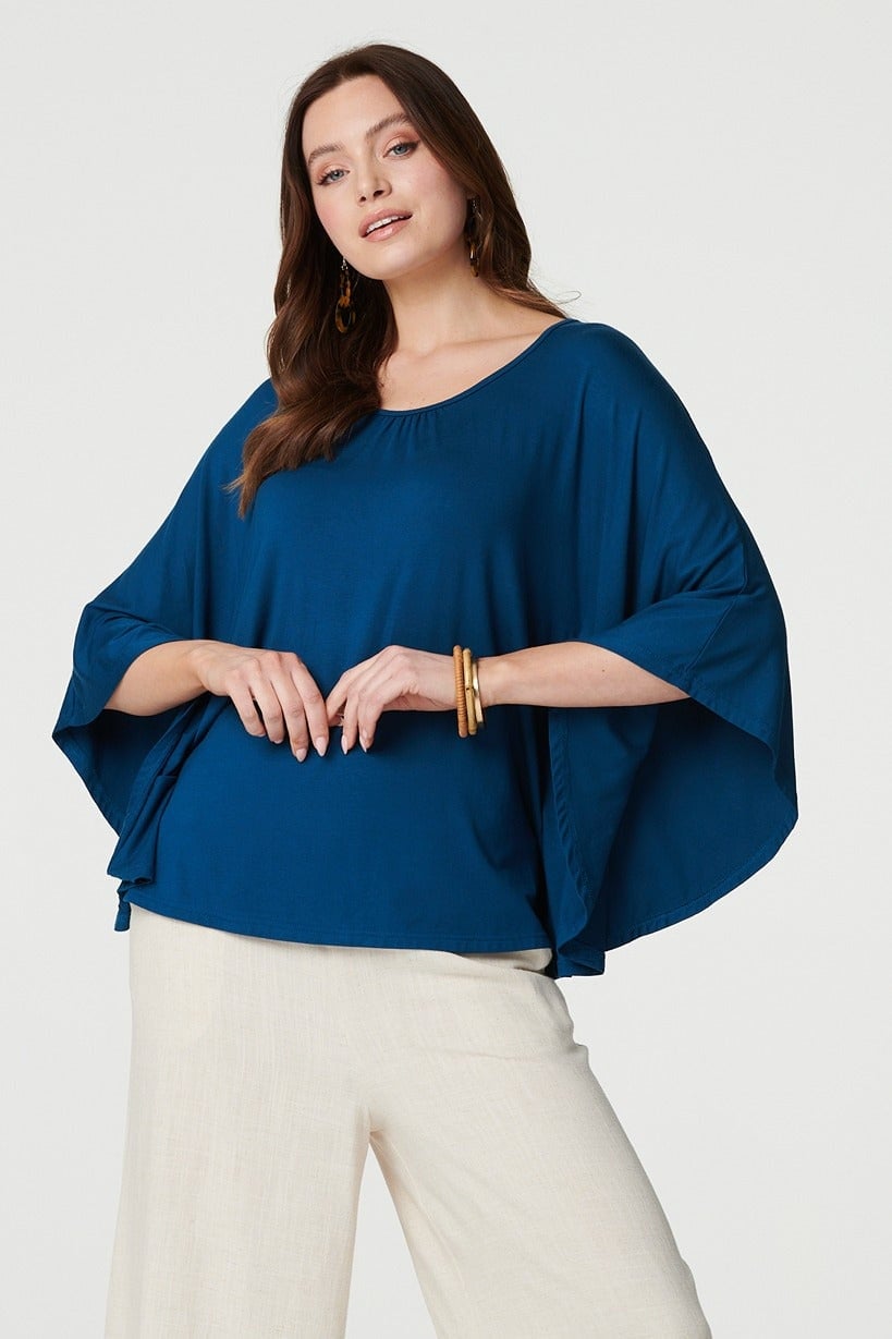Izabel London Blue Plain Round Neck 3/4 Batwing Top - 14