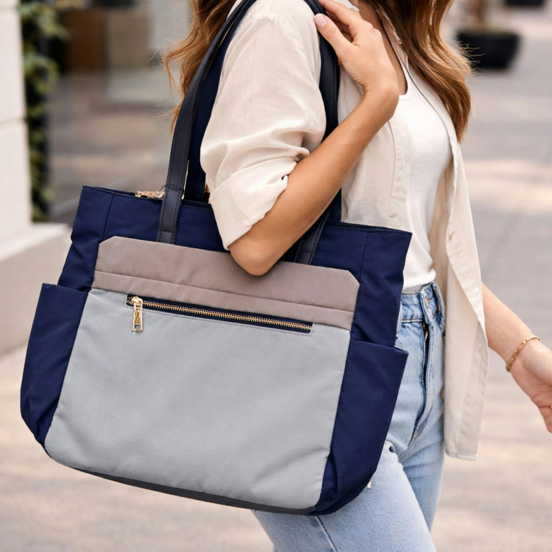 Lorenz Two Tone Nylon Tote Shoulder Bag - Navy Multi