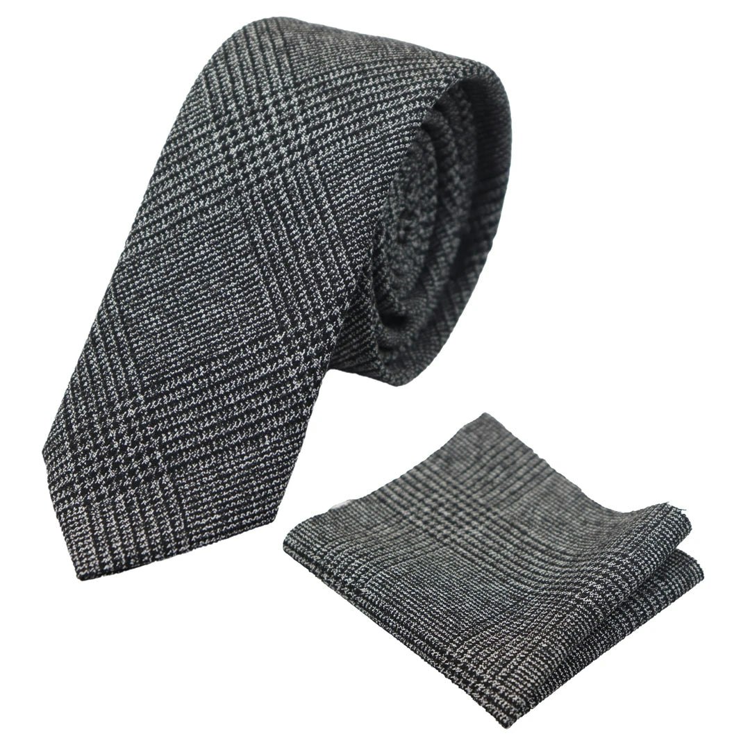 Truclothing Men's Grey Tweed Herringbone Tie & Pocket Square Set