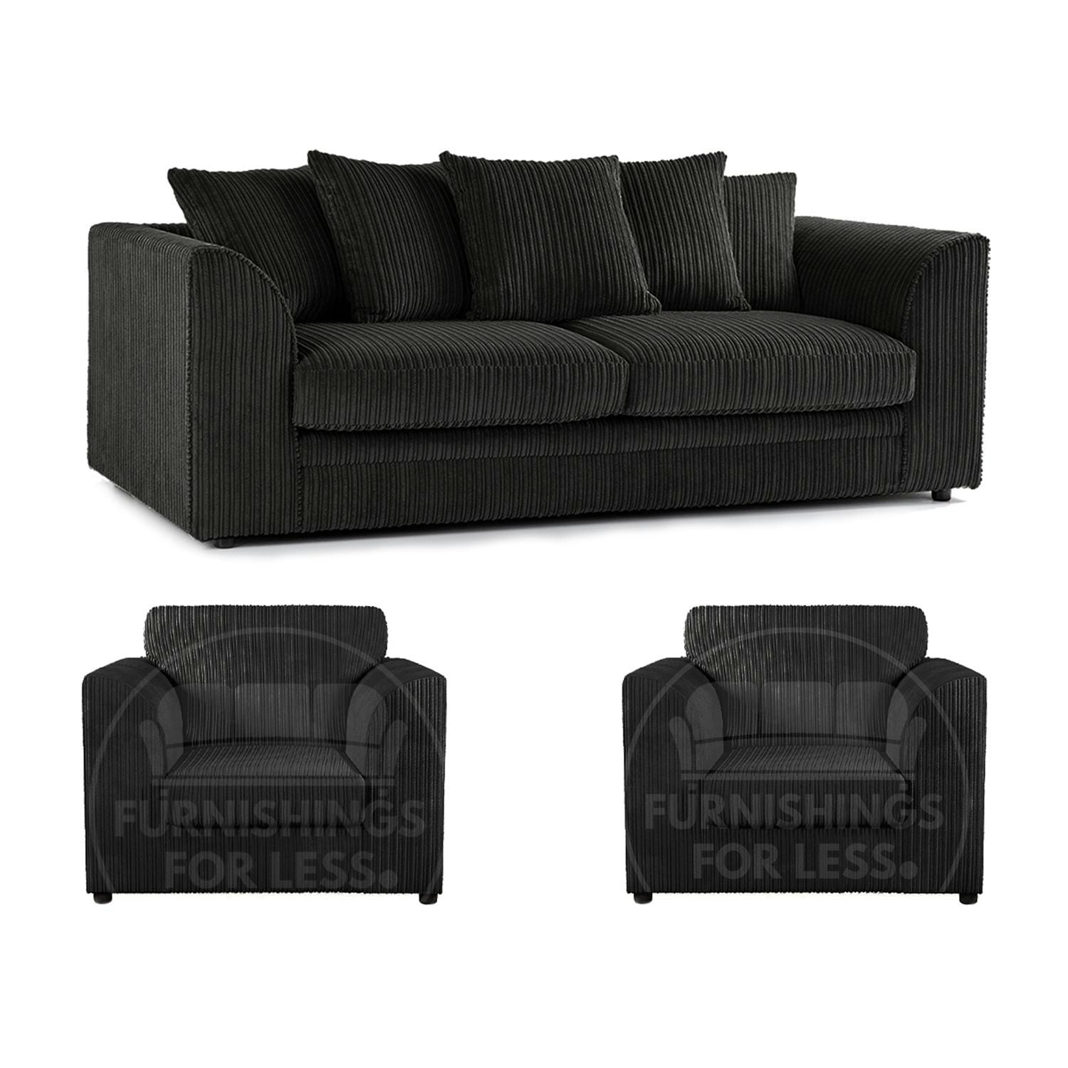 Furnishings For Less Black Luxor Full Jumbo Cord 3 Seater And 2 X Armchairs - Scatter Back