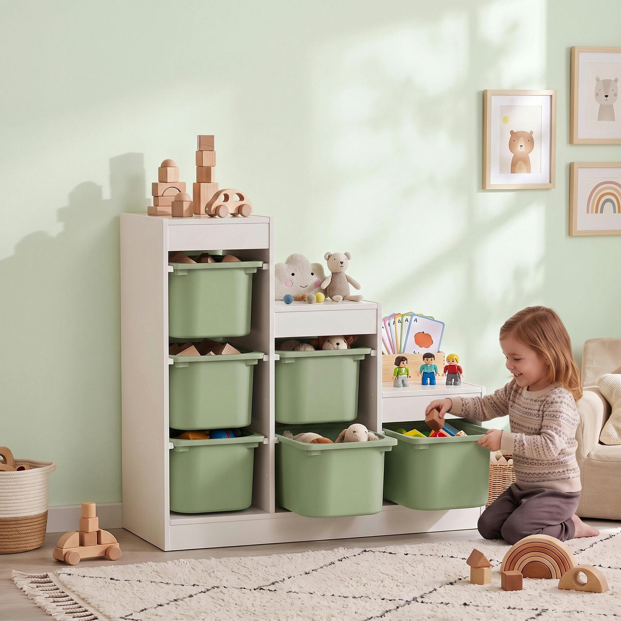 Rackhams Green Kids Toy Storage Unit With Removable Bins, For 3-8 Years,