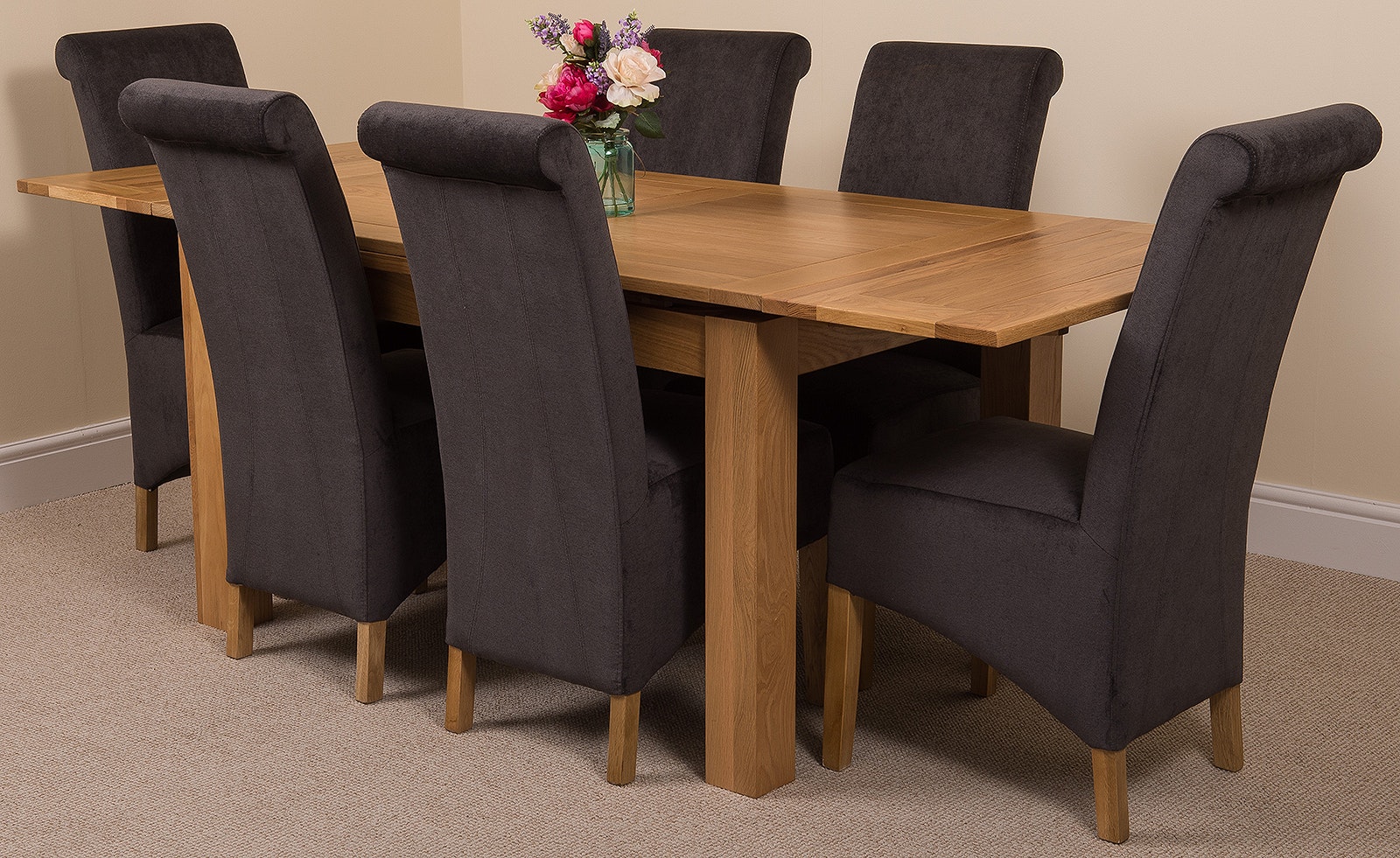 Rackhams Black Richmond Medium Oak Extendable Dining Table With Montana Fabric Chairs - 6 Chairs