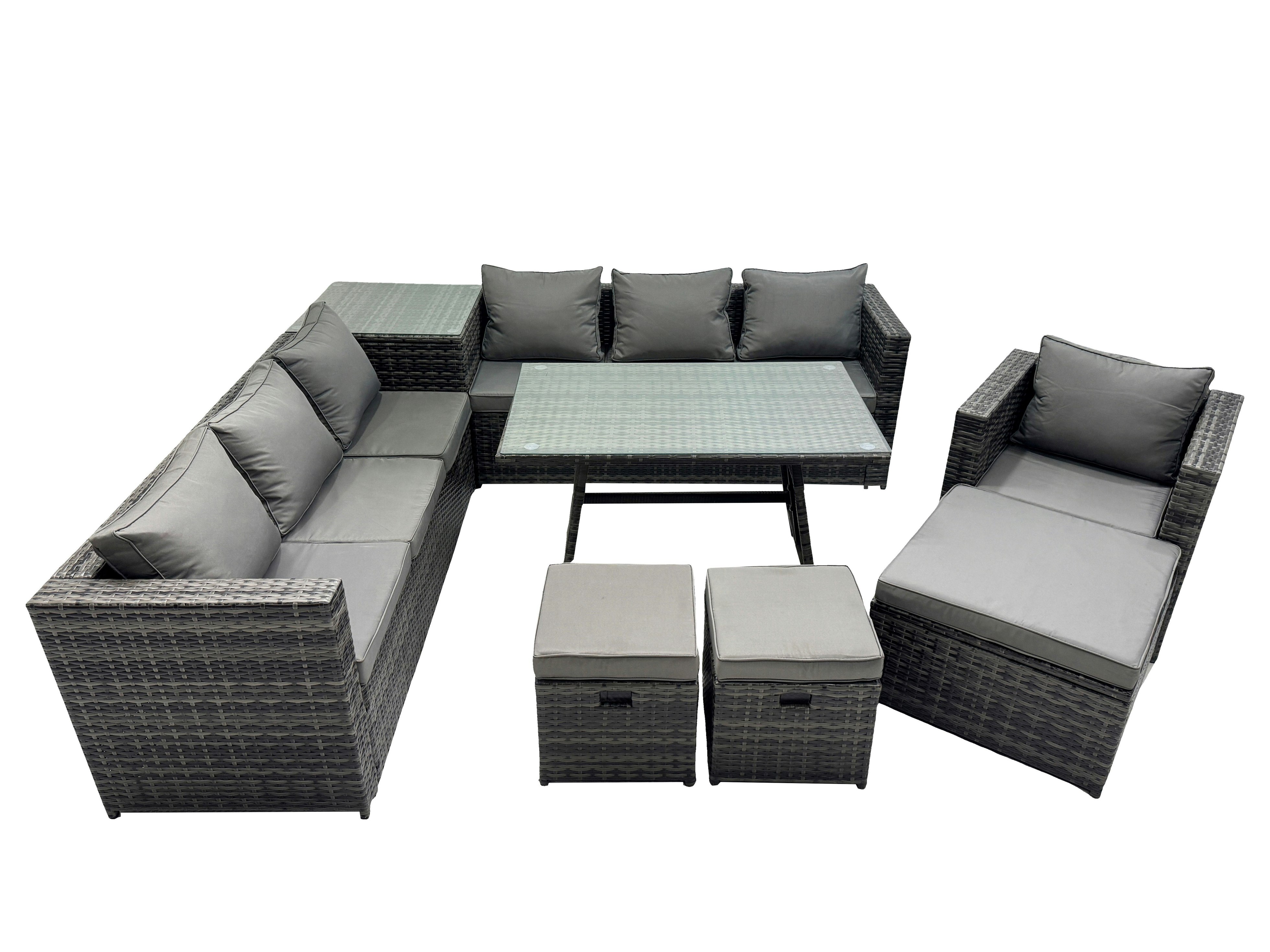 Fimous Dark/Grey Outdoor Corner Sofa Chair Dining Table Set Garden Rattan Furniture Set 10 Seater With Side Table 3 Stools