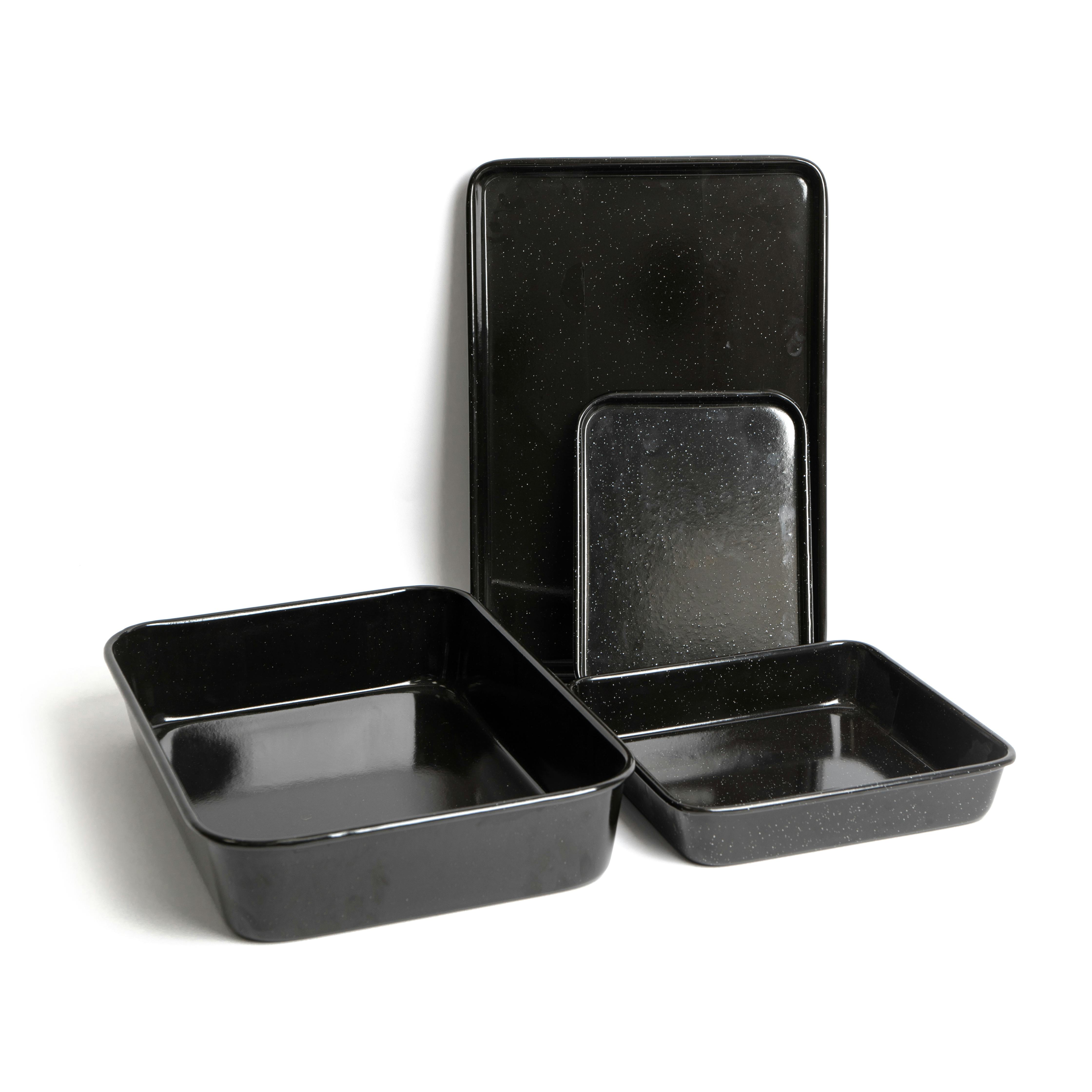 Rackhams Black 4Pc Vitreous Enamel Non-Stick Cookware Set With 1X Roasting Pan And 3X Baking Trays - Carbon Steel - Roasting Pans