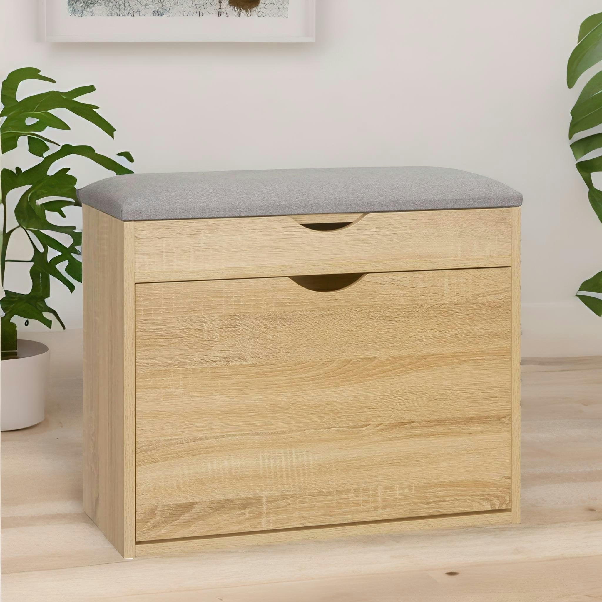 Rackhams Brown Shoe Storage Bench With Cushioned Seat And Hidden Storage Natural