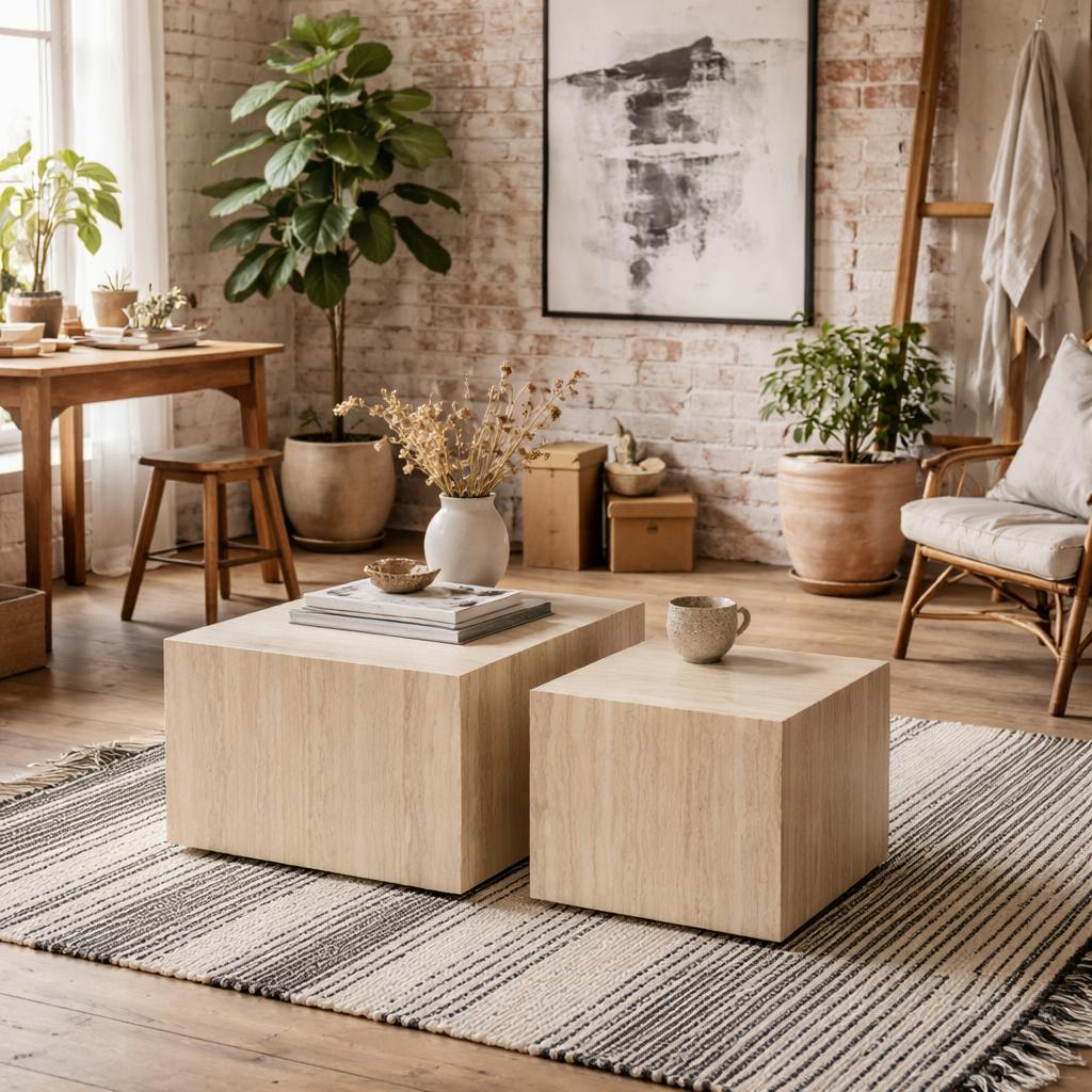 Rackhams Light Set Of 2 Munkebo Travertine Marble Square Coffee Tables