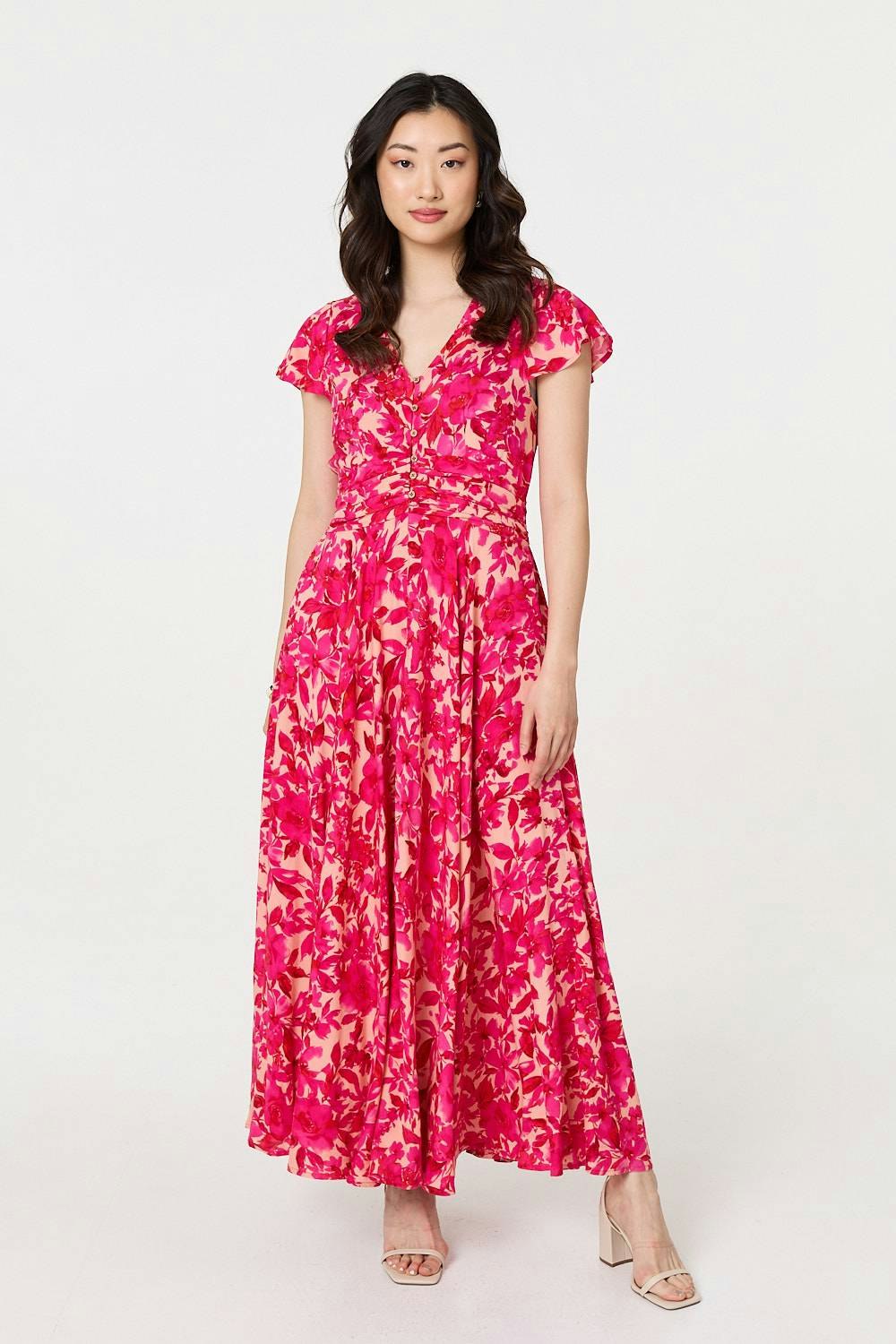 Izabel London Women's Pink Floral Cap Sleeve Ruched Maxi Dress - 8