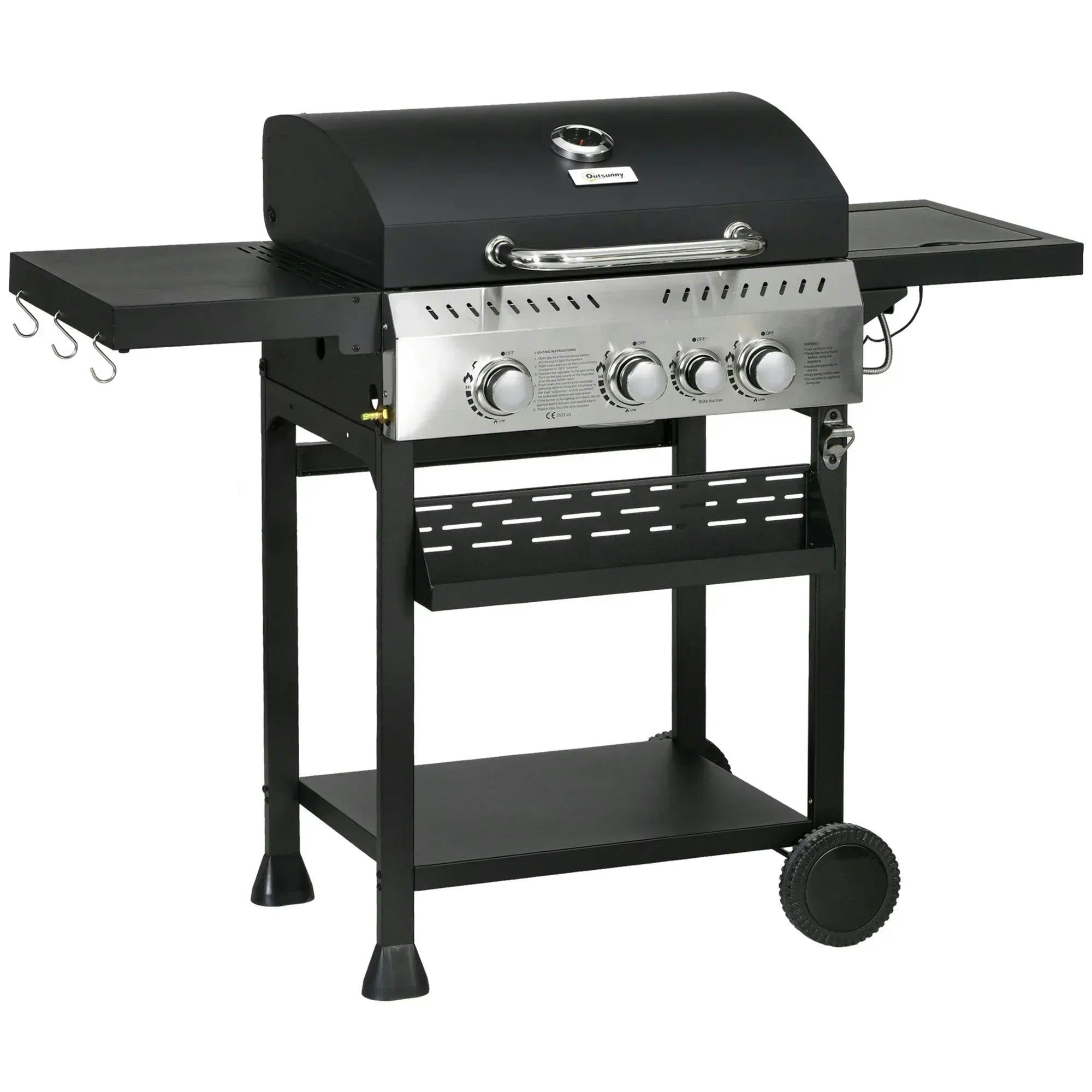 Outsunny Unisex Jet Black Gas Burner Grill, Propane Gas Barbecue Bbq Grill With Wheels, Warming Rack, Shelves, Thermometer, Bottle Opener, Black In Large - Image 4