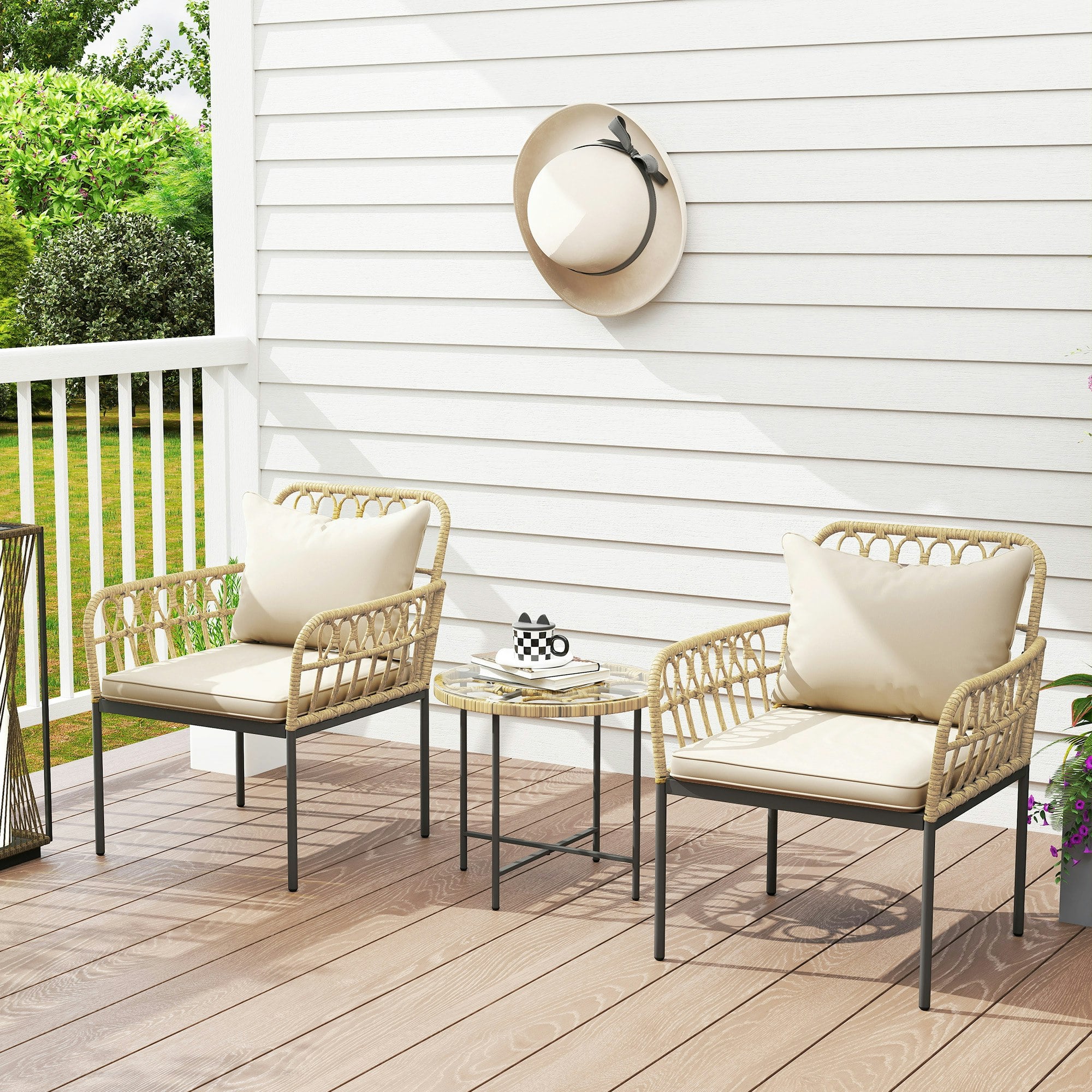 Rackhams Light 3 Piece Rattan Bistro Set, Balcony Table And Chairs With Cushions