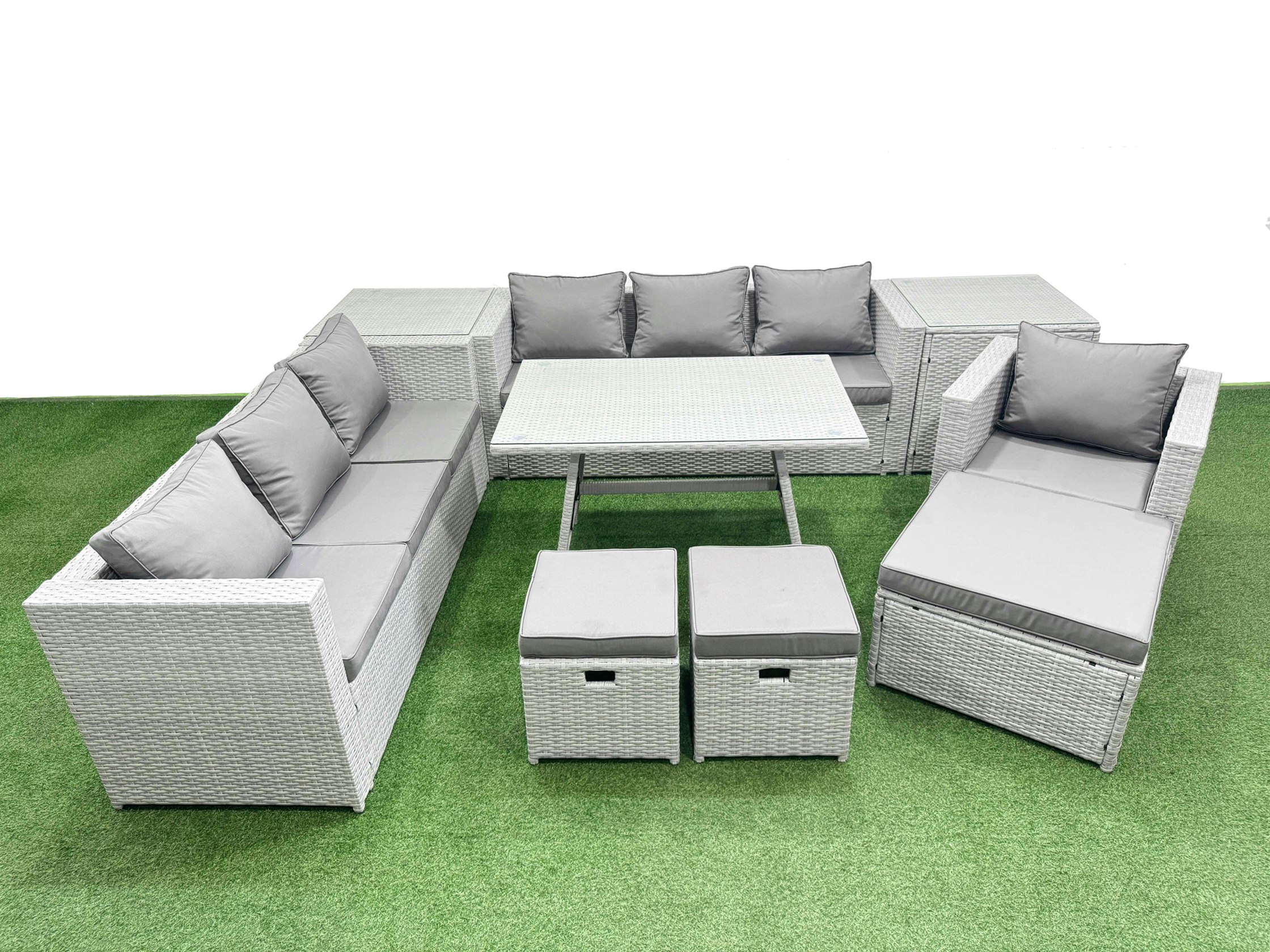 Rackhams Light/Grey/Dark Outdoor Rattan Garden Furniture Dining Set 10 Seater Patio Rectangular Table 3 Seater Sofa Armchair Set With 2 Side Tables 3 Stools