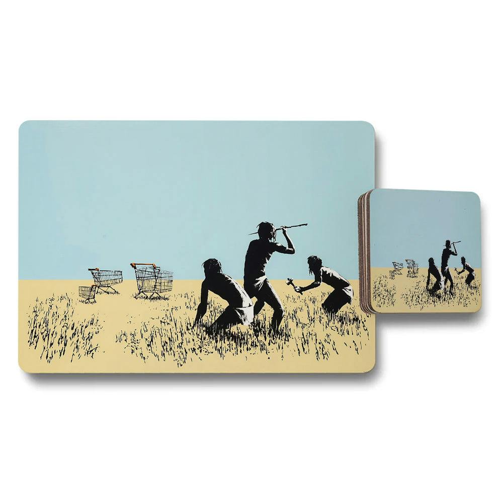 Benjamin Tate Design Black/Sky Blue/Beige Silhouette Field Scene Placemats And Coaster Set For Dining