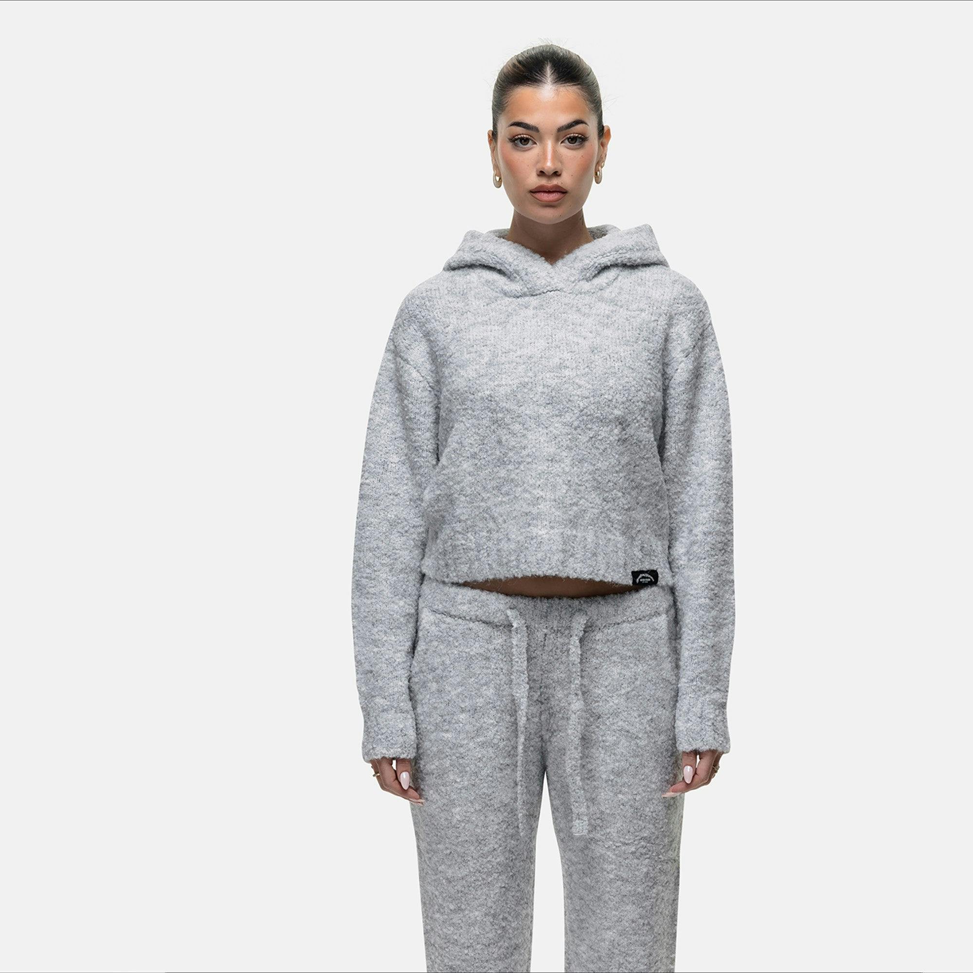 Good For Nothing Grey Cropped Bouclé Knitted Hoodie - Xxs
