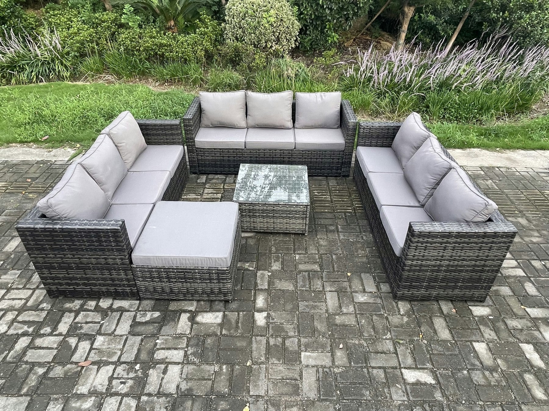 Fimous Dark/Grey Outdoor Rattan Garden Furniture Set 10 Seater Patio Lounge Sofa Set With Square Coffee Table Big Footstool Mixed