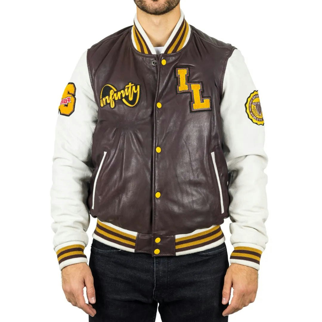 Infinity Leather Men's Burgundy Leather Letterman Bomber Jacket - 5XL