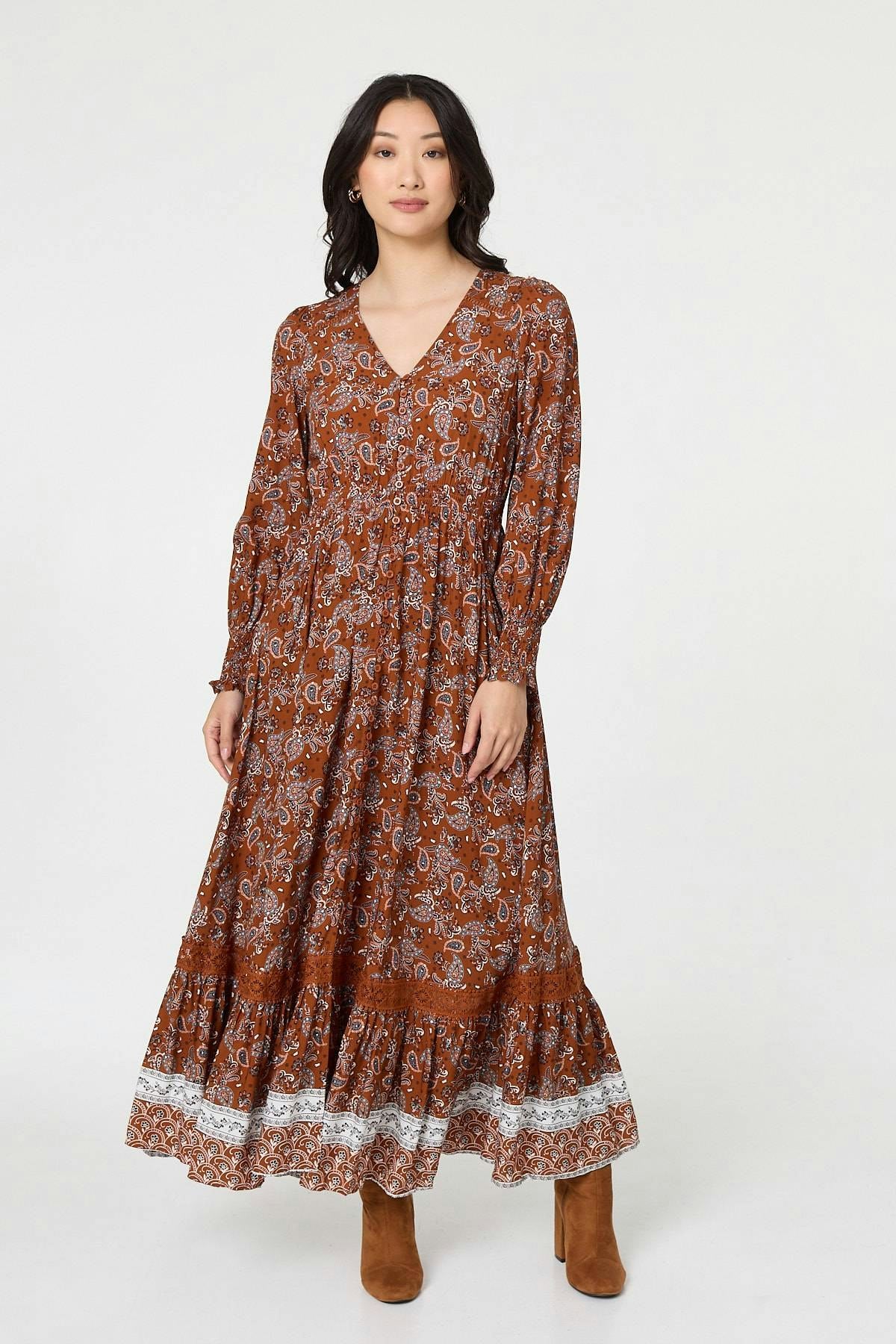 Izabel London Paisley Shirred Lace Trim Maxi Dress - 12 - Rust