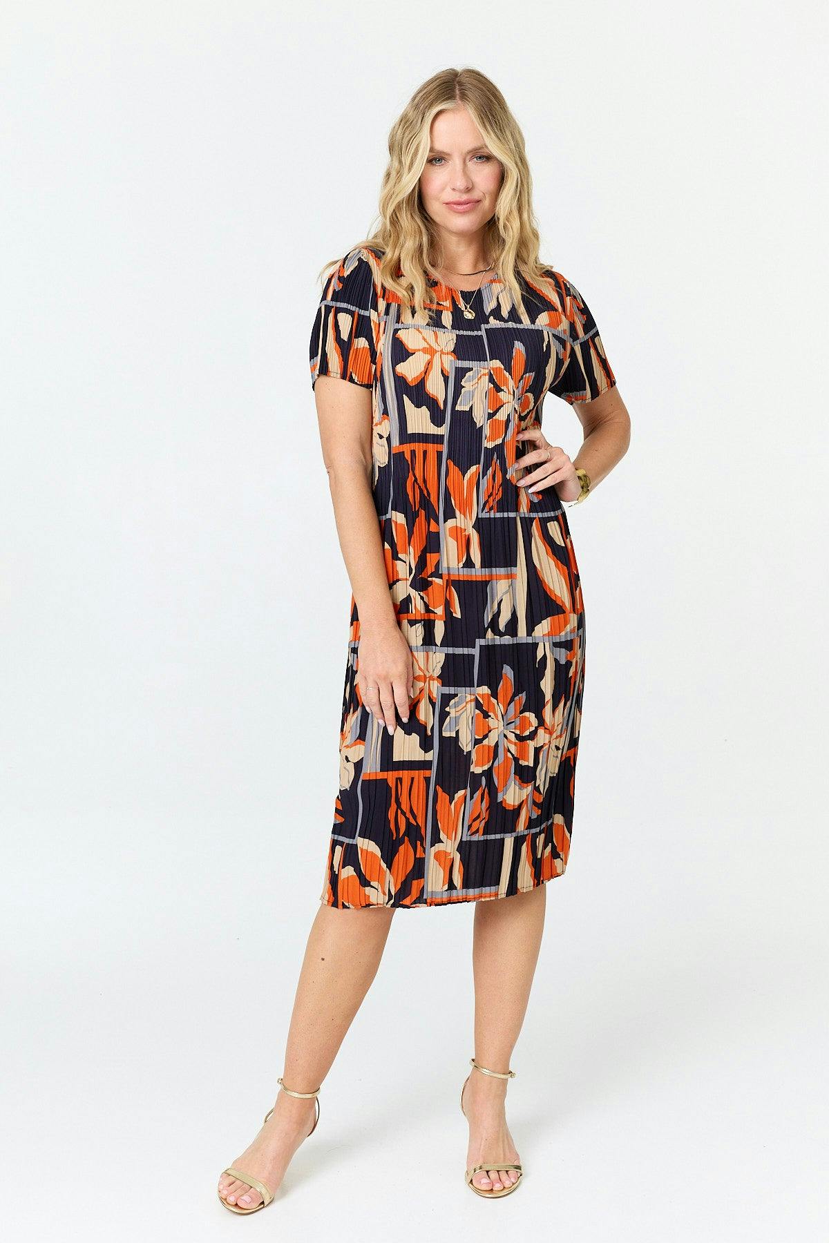 Izabel London Orange Floral Pleated Texture Midi Shift Dress - S/M