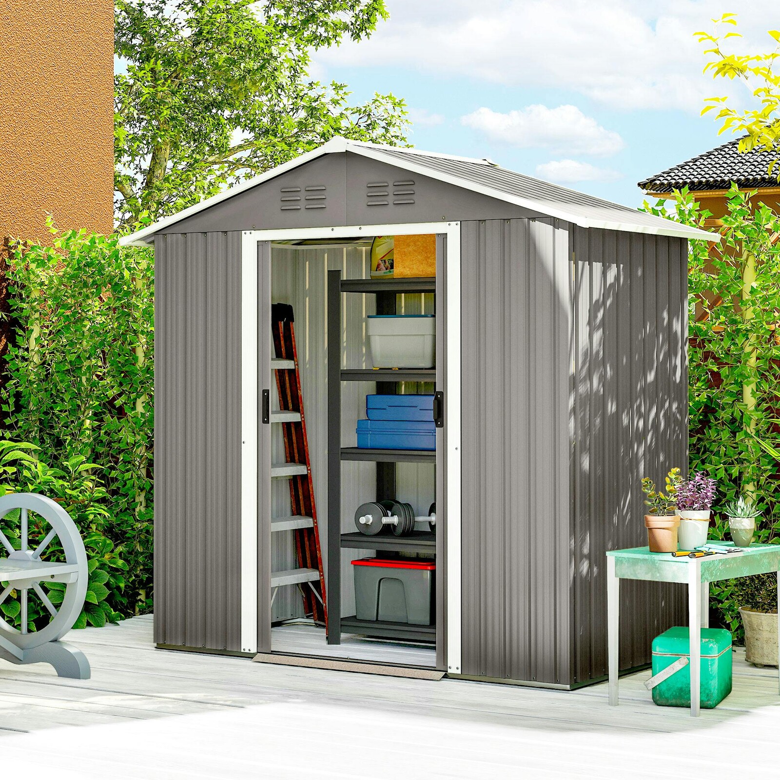 Outsunny Light/Grey 6.5X3.5ft Metal Garden Shed For Garden,