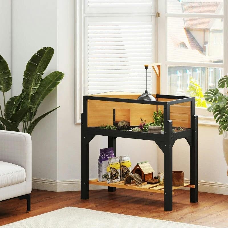 PAWHUT Wooden Tortoise House with Storage Shelf, Clear Observation Windows in Yellow - Image 3