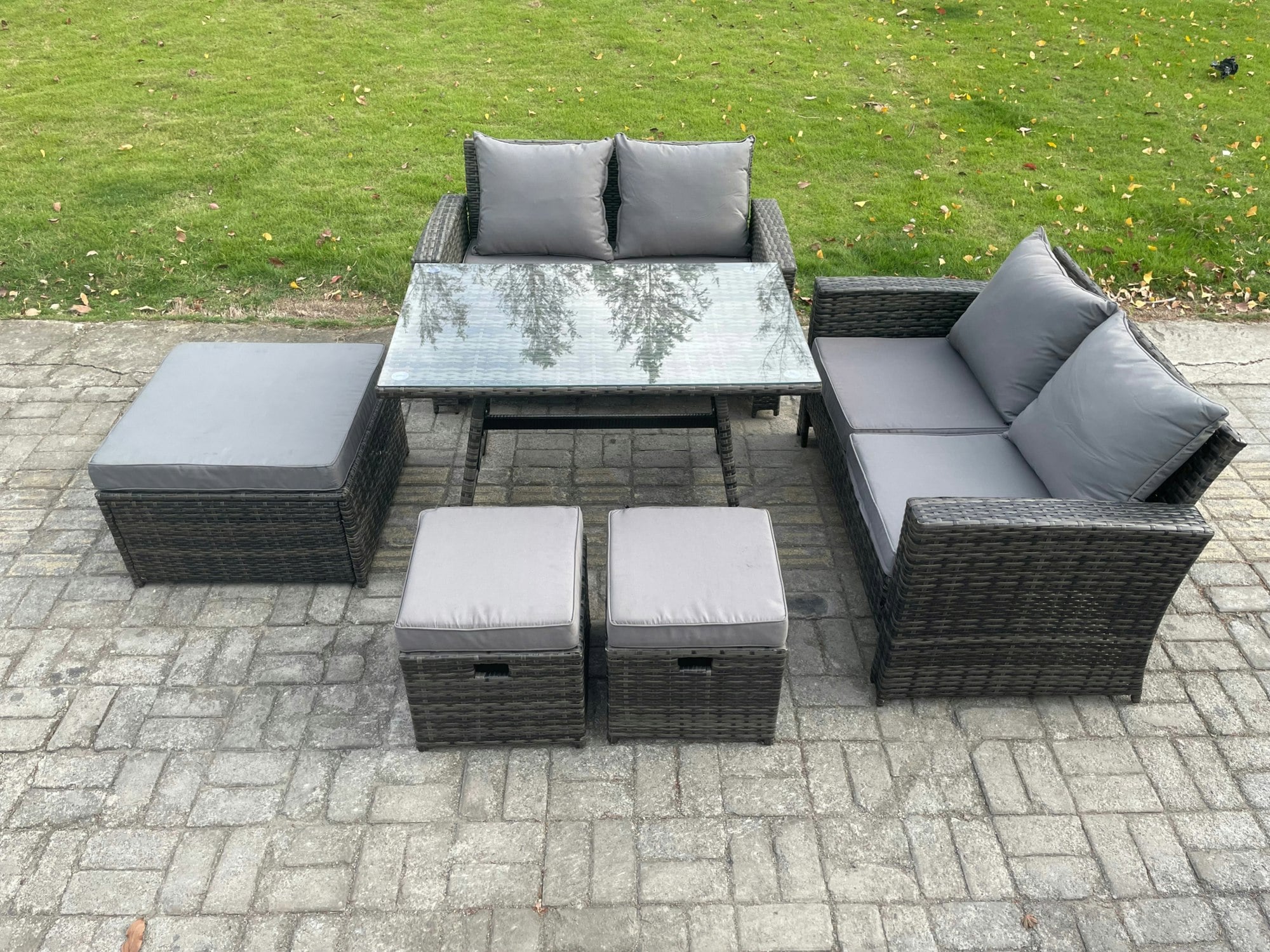 Rackhams Dark/Grey 7 Seater Garden Dining Set Wicker Pe Rattan Outdoor Furniture Sofa With Rectangular Dining Table Double Seat Sofa 3 Footstools Mixed