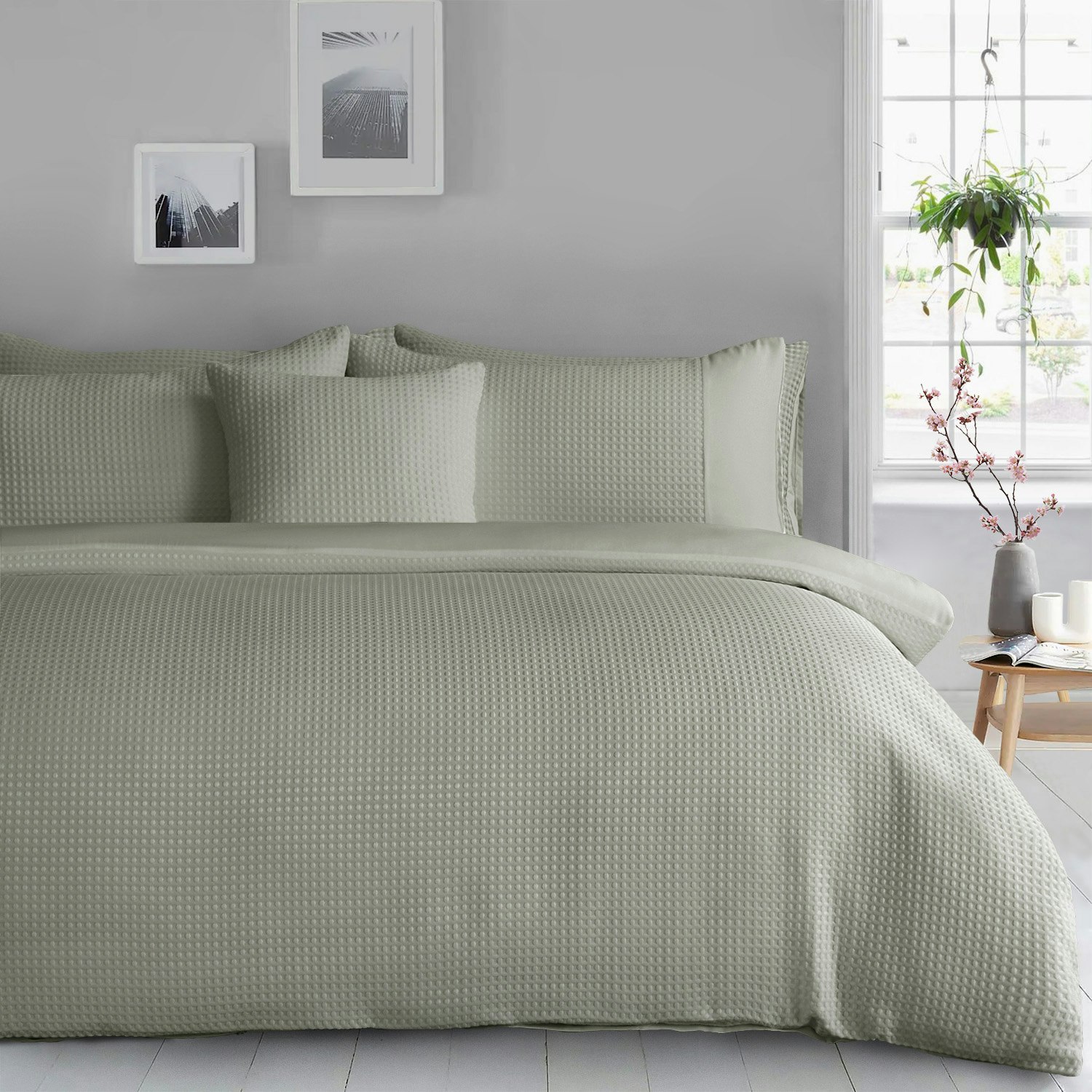 Rackhams Silver/White Waffle Weave Double Duvet Cover Set With Button Enclosure And Matching Pillowcase Set - Sage - King