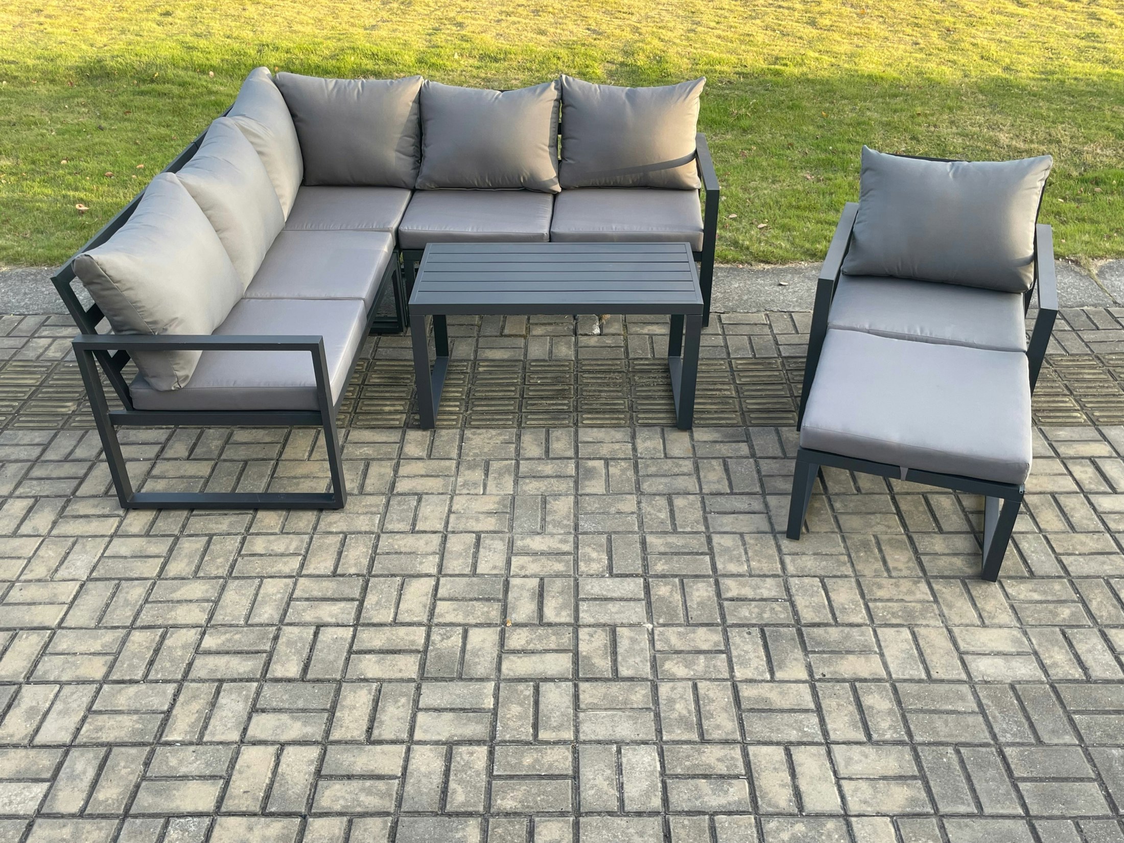 Fimous Dark/Grey Aluminium Outdoor Garden Furniture Set Lounge Sofa Oblong Coffee Table Sets With Chair Big Footstool Indoor Conservatory Set
