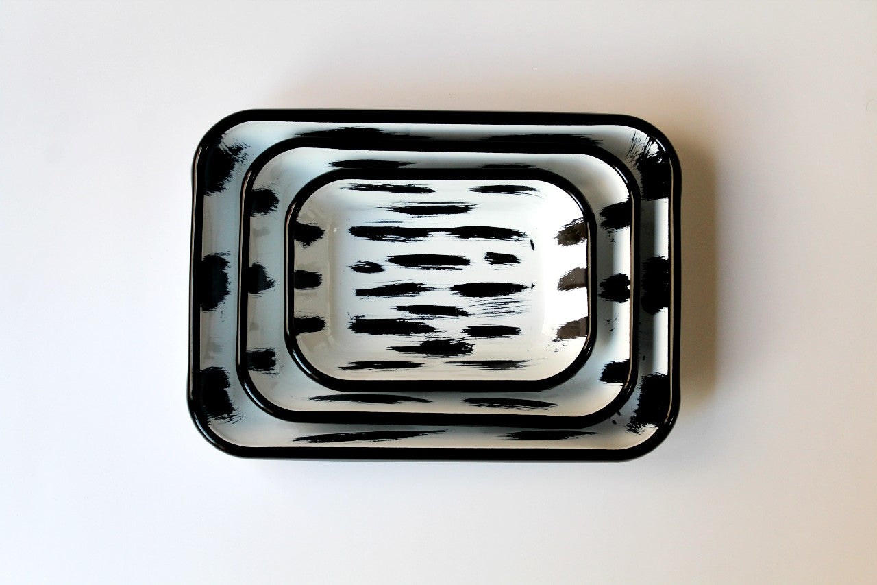Rozi White/Black Stripe Collection Enamel 3-Piece Rectangular Serving And Roasting Dish Set