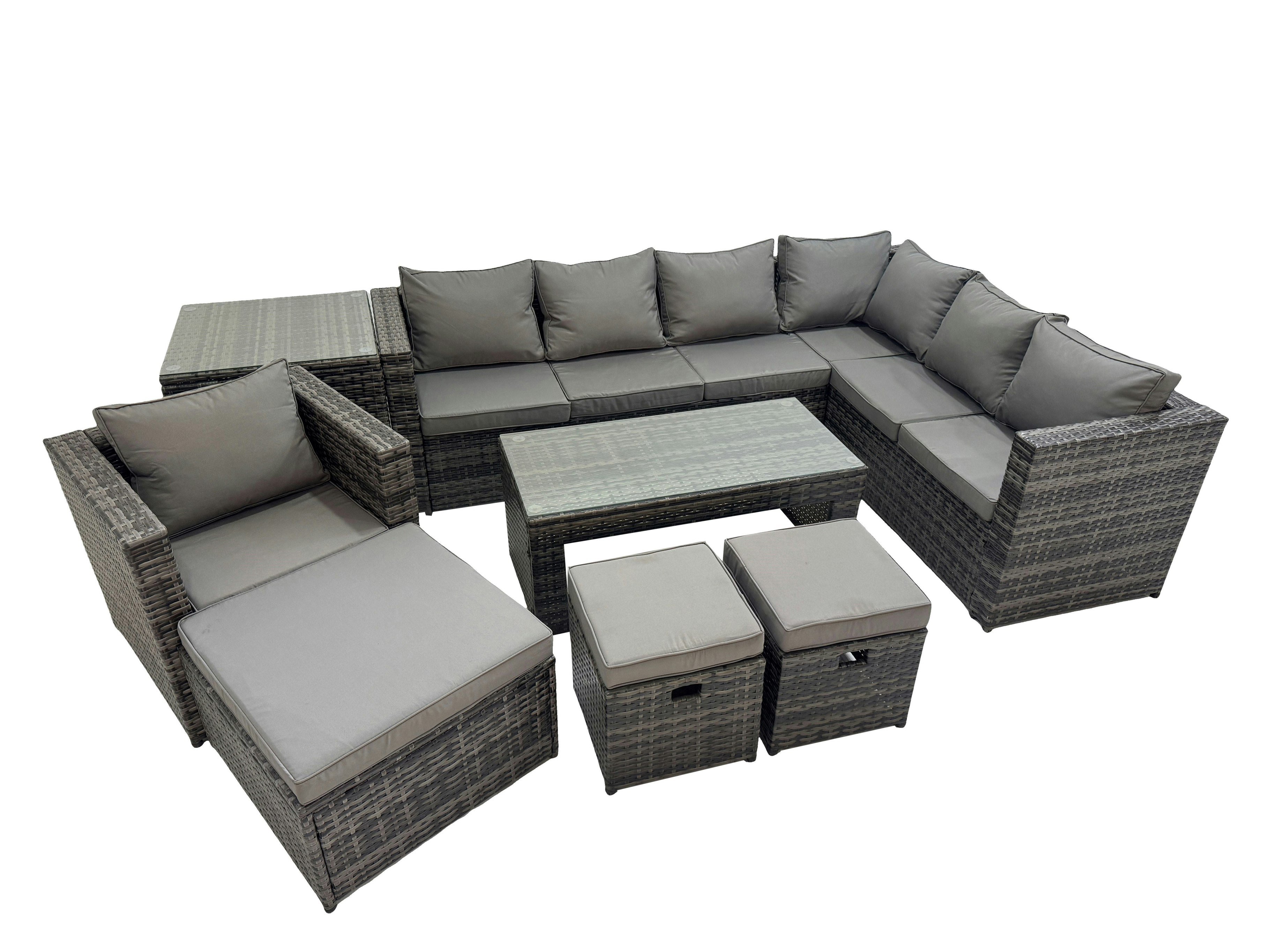 Fimous Dark/Grey Outdoor Rattan Oblong Coffee Table Corner Sofa Sets Garden Furniture Set With Chair 3 Stool Side Table Mixed